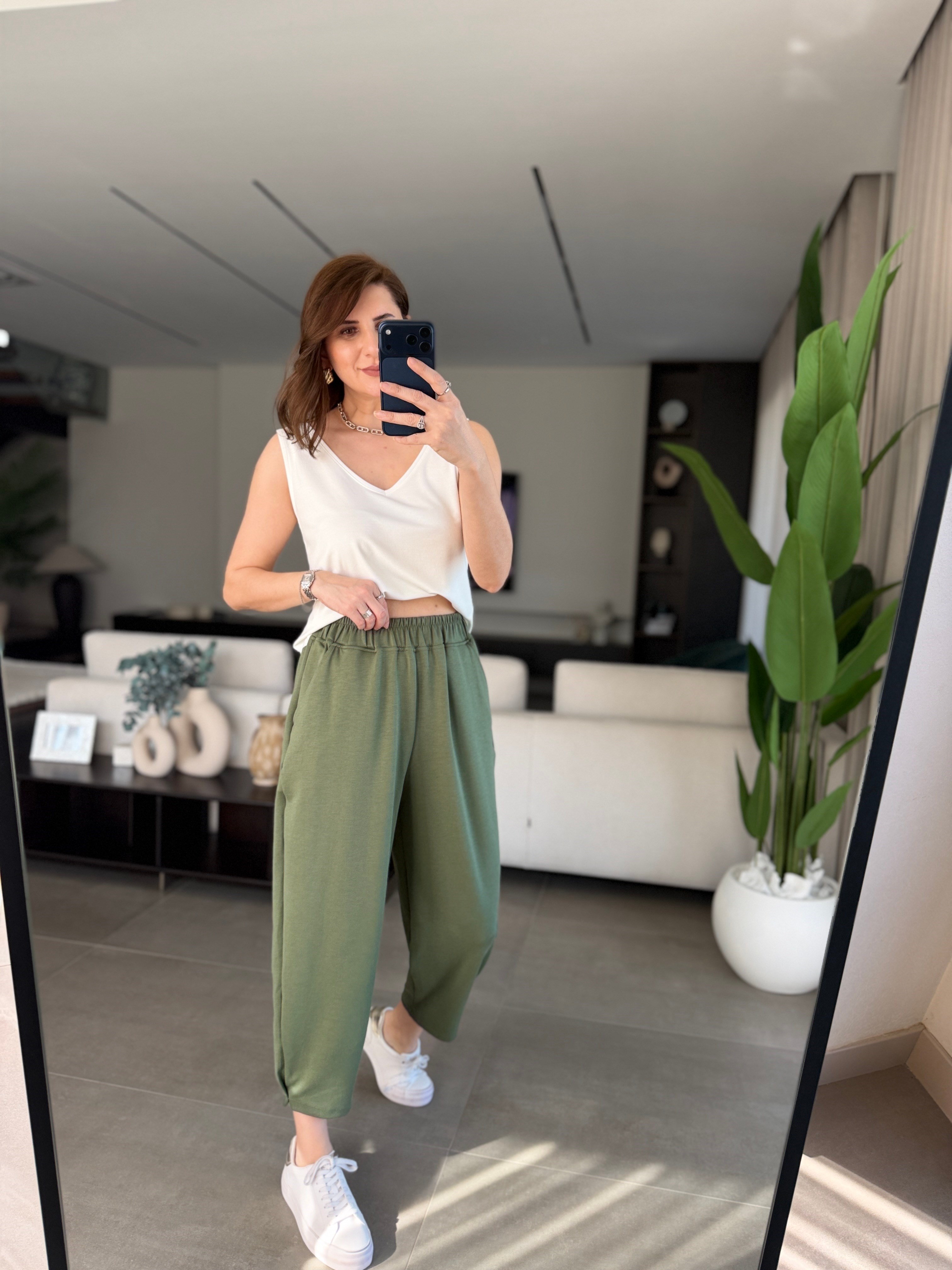 Haki Modal Paça Tutturmalı Pantolon