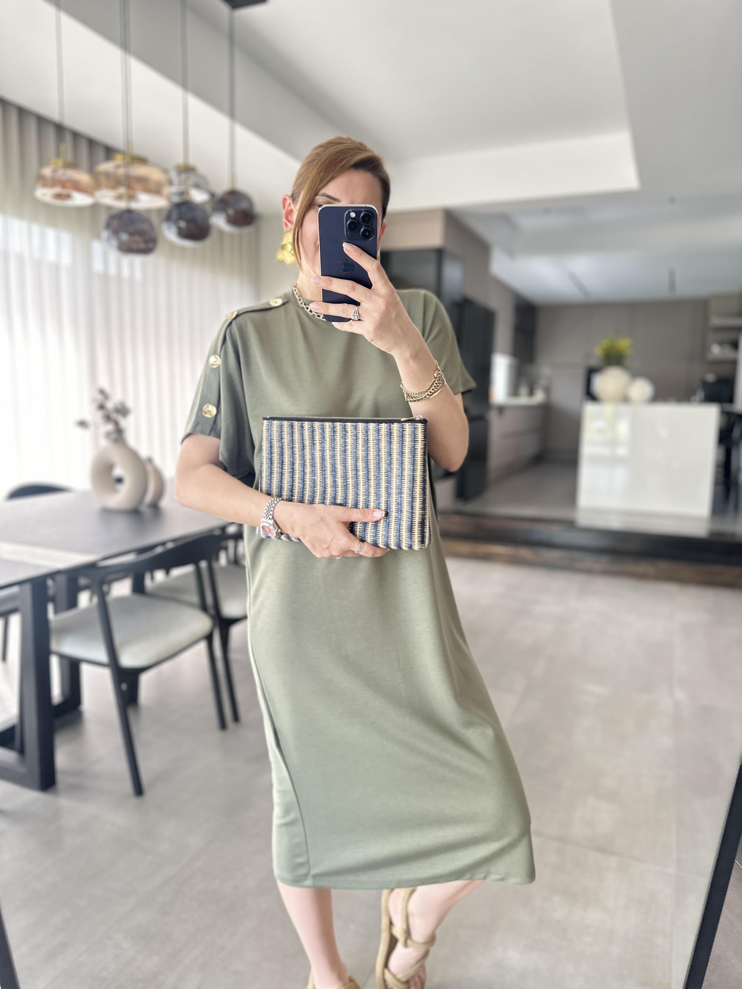 Haki Omuz Düğmeli Modal Elbise
