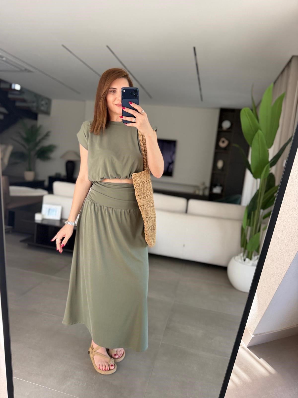 Haki Omuz Pileli Kemer Korsajlı Pike Etek Takım