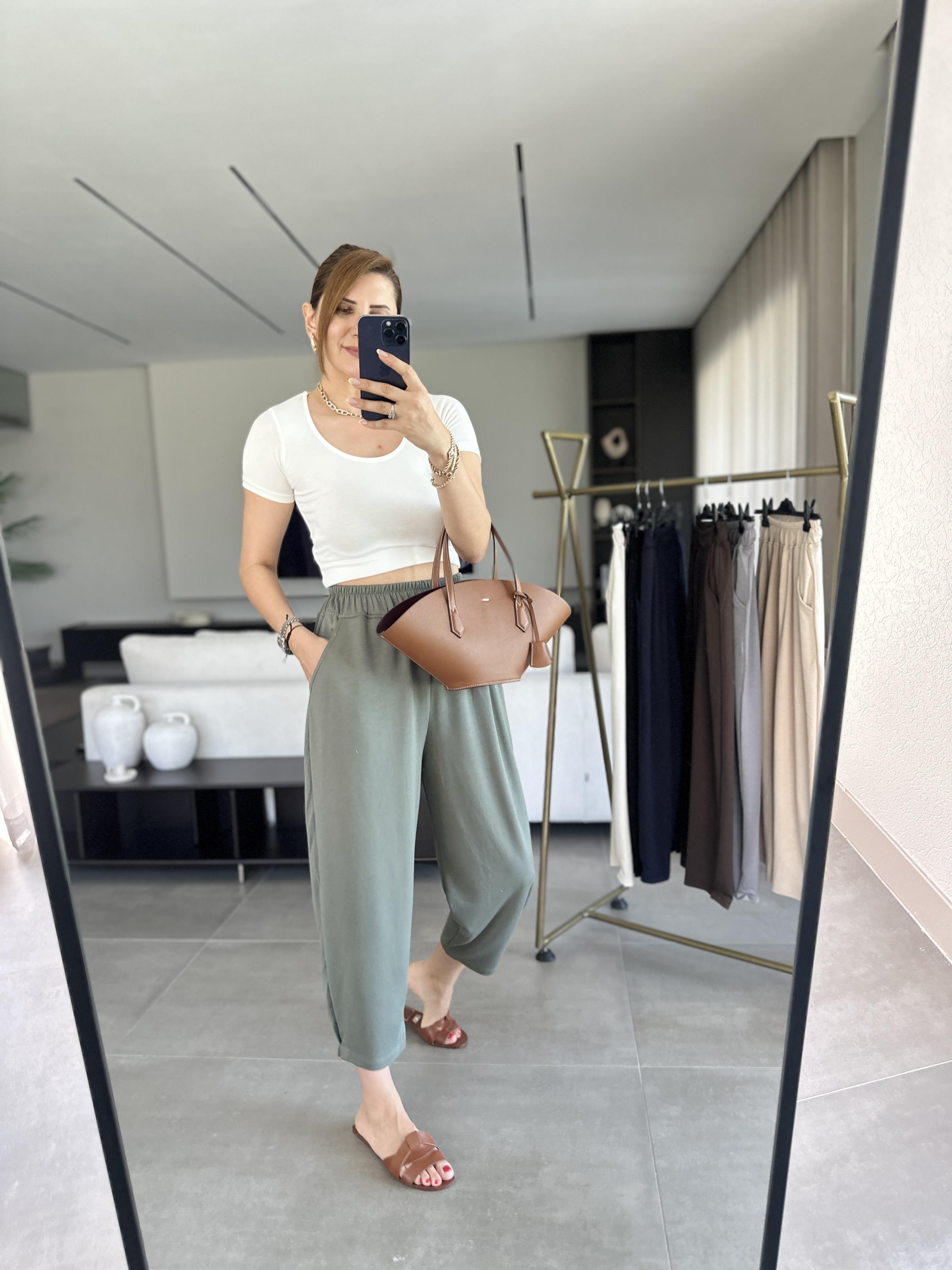 Haki Paça Tutturmalı Modal Pantolon