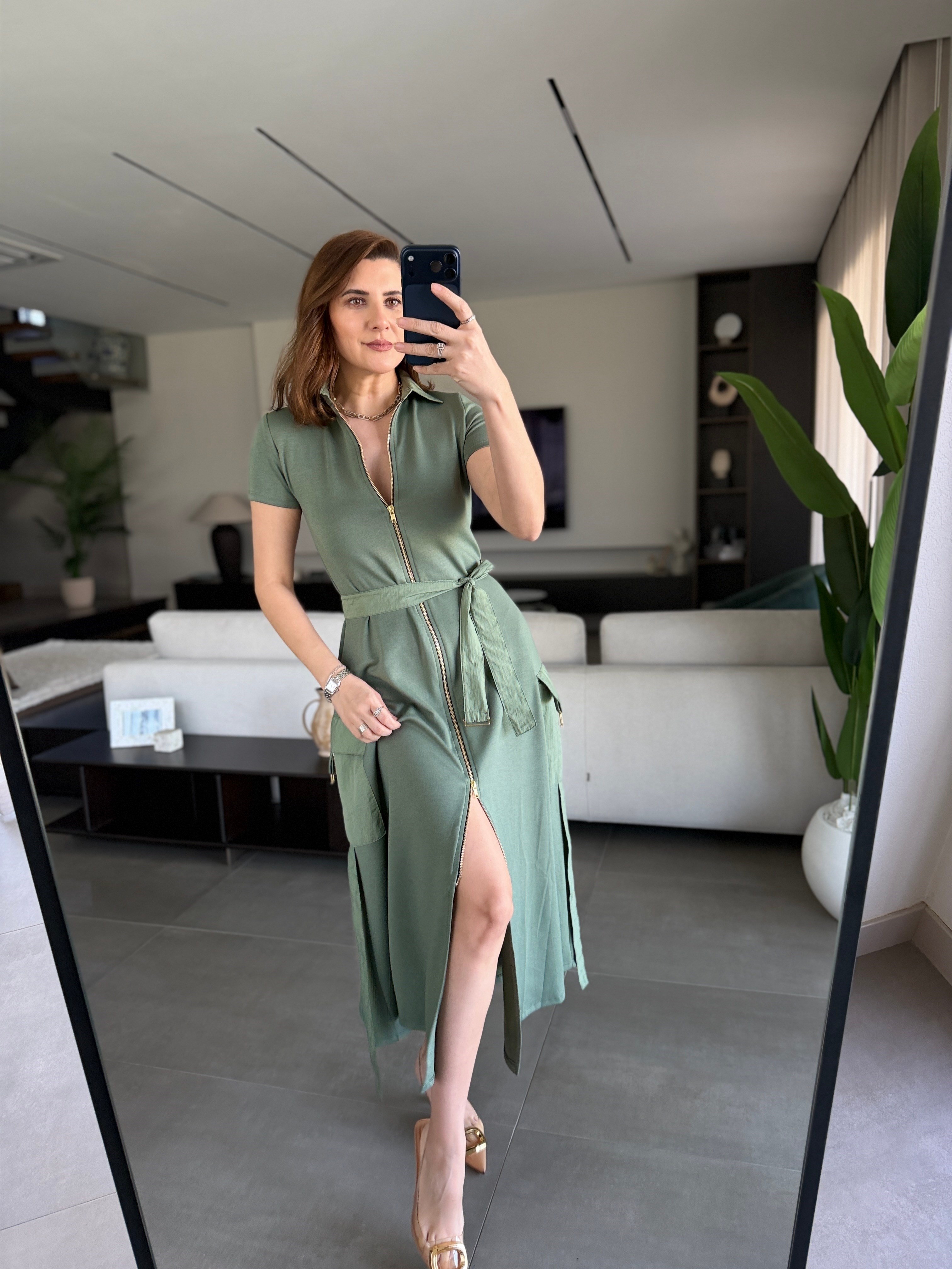 Haki Paraşüt Garnili Kemer Detaylı Elbise