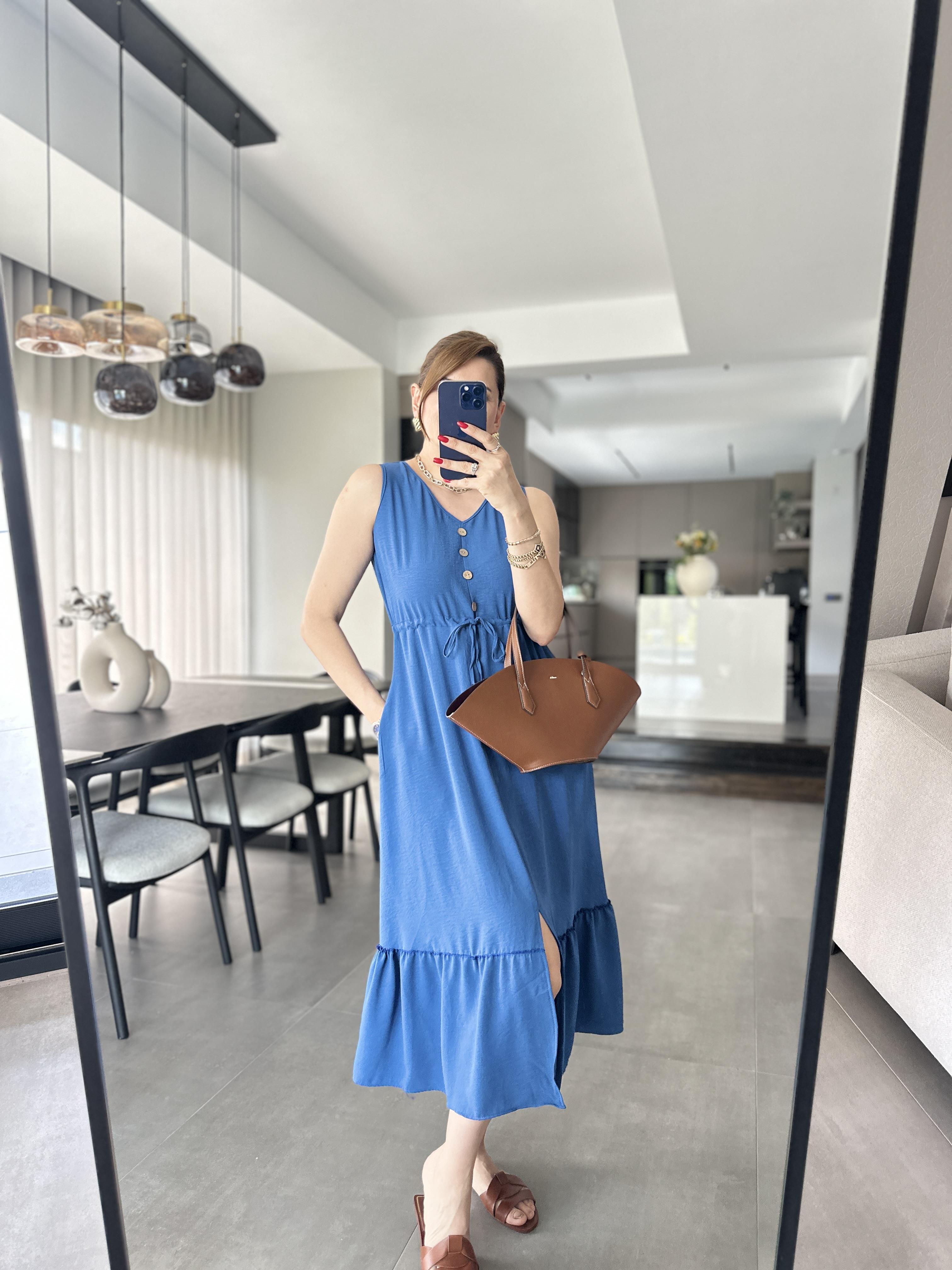 İndigo Beli Bağcıklı Kolsuz Ayrobin Elbise