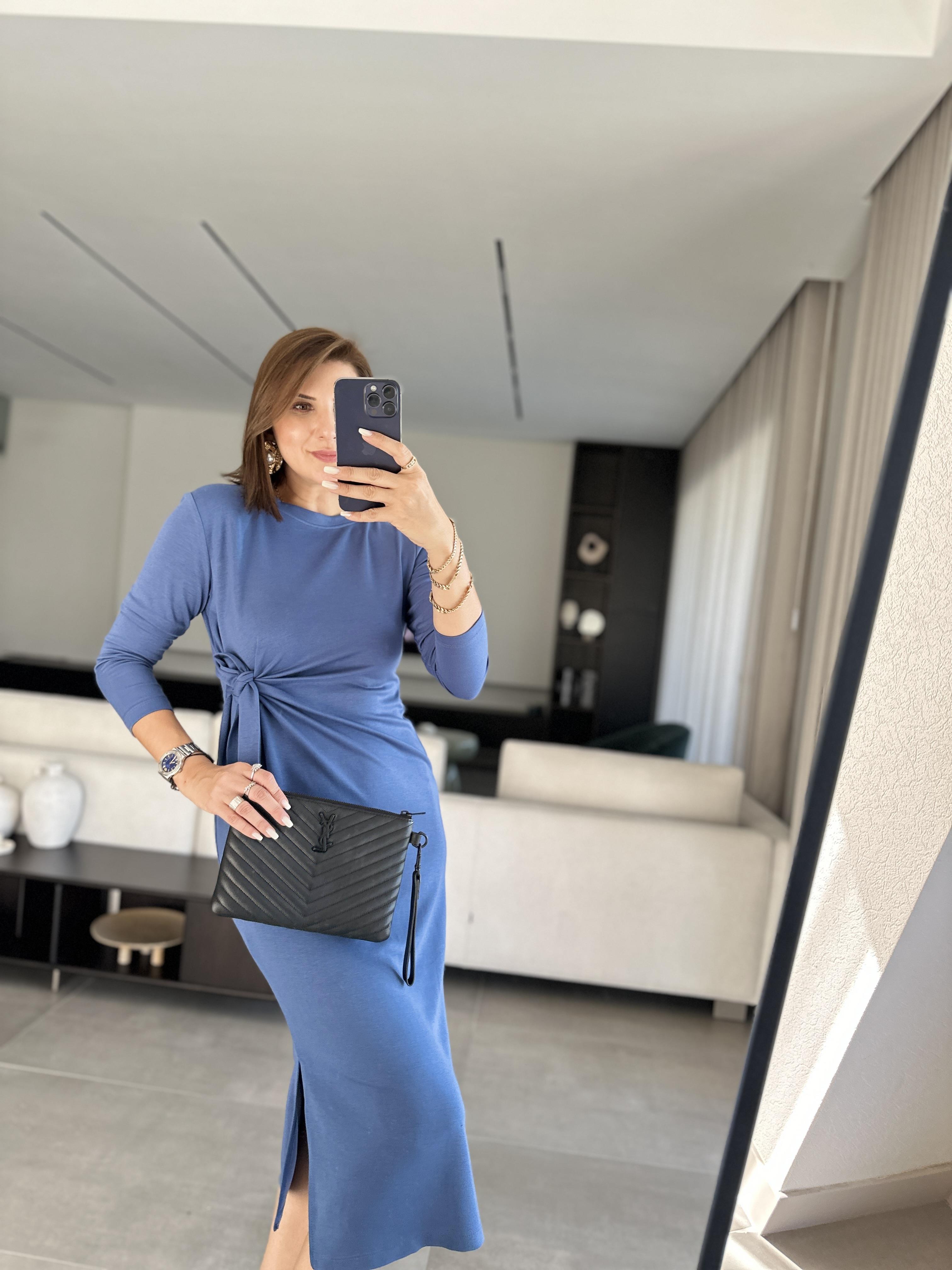 İndigo Lady Kuşaklı Uzun Kollu Elbise