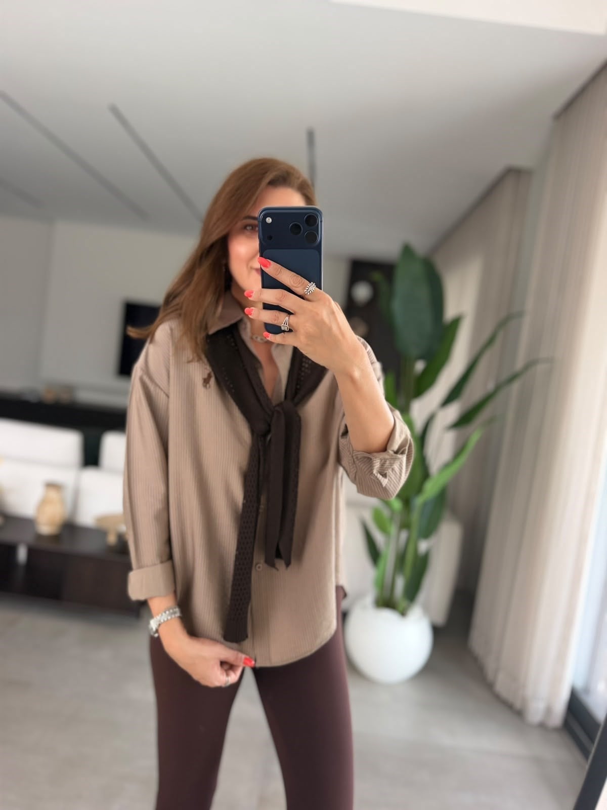 Kahverengi Atkılı Oversize Gömlek