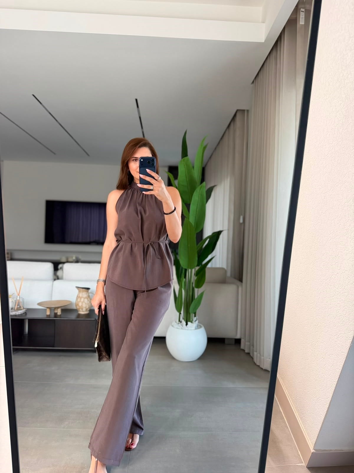 Kahverengi  Halter Yaka Bluz Pantolon Takım