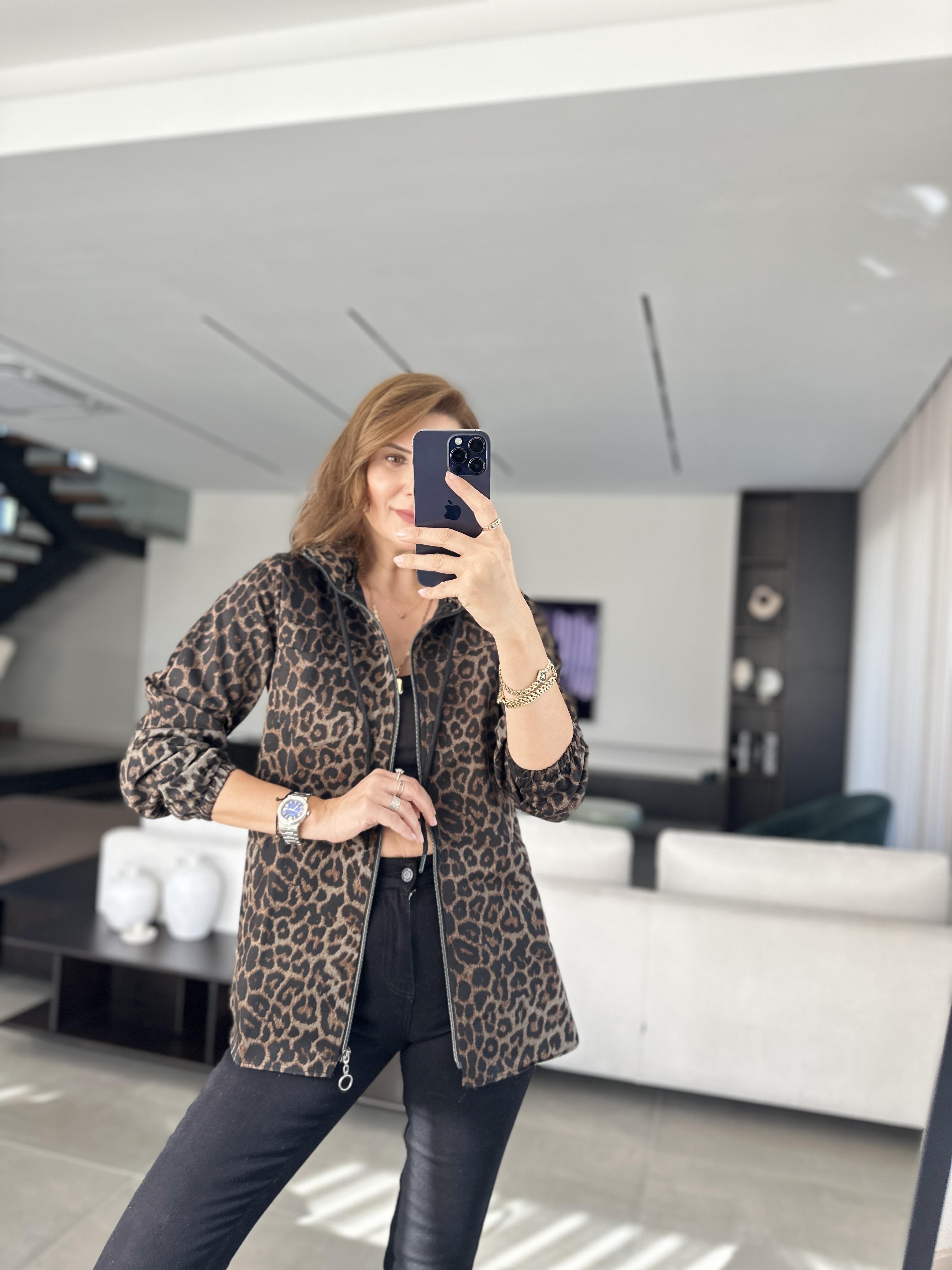 Kahverengi Leopar Desenli Gabardin Ceket