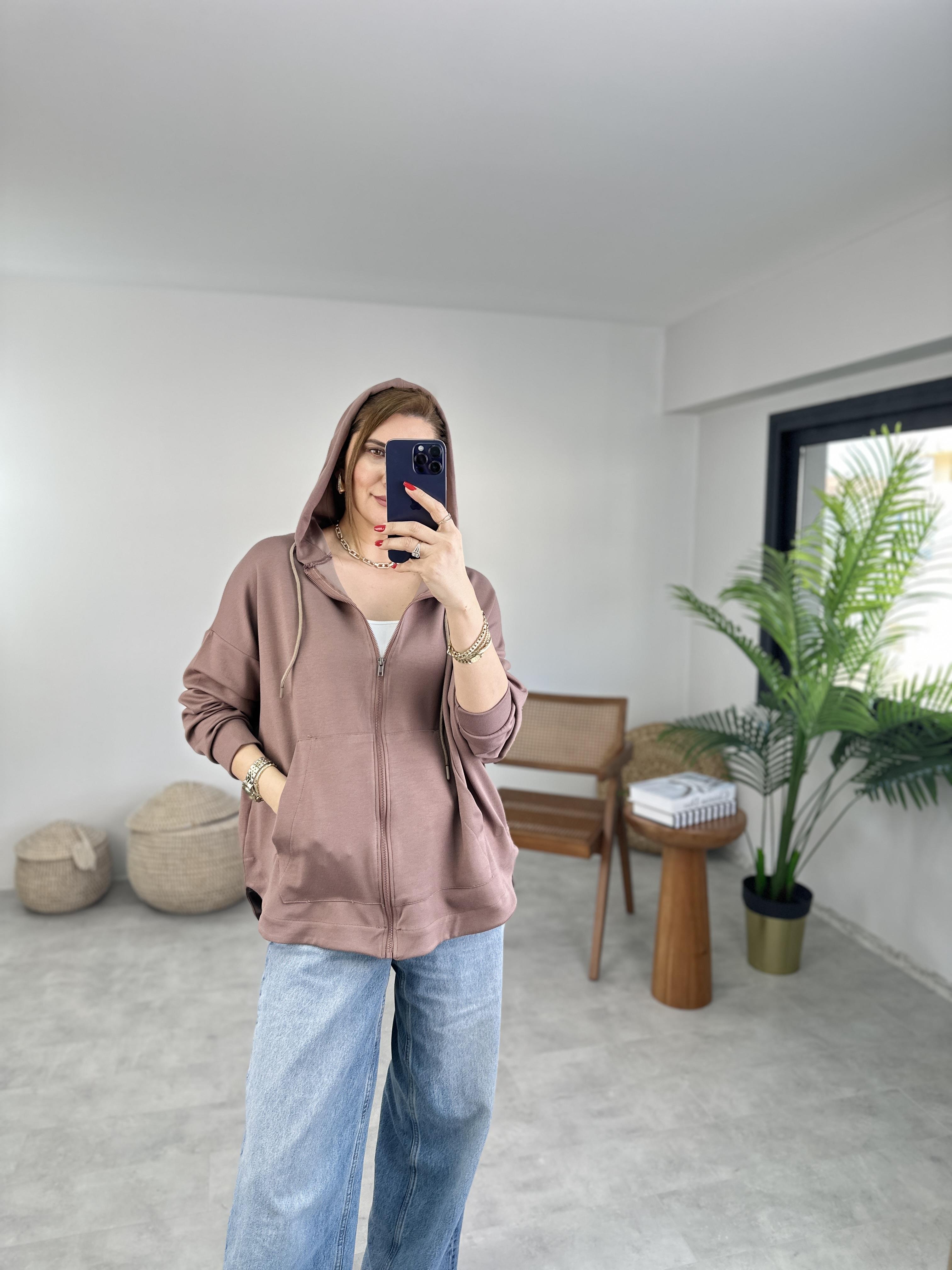 Kahverengi Modal Fermuarlı Oversize Ceket