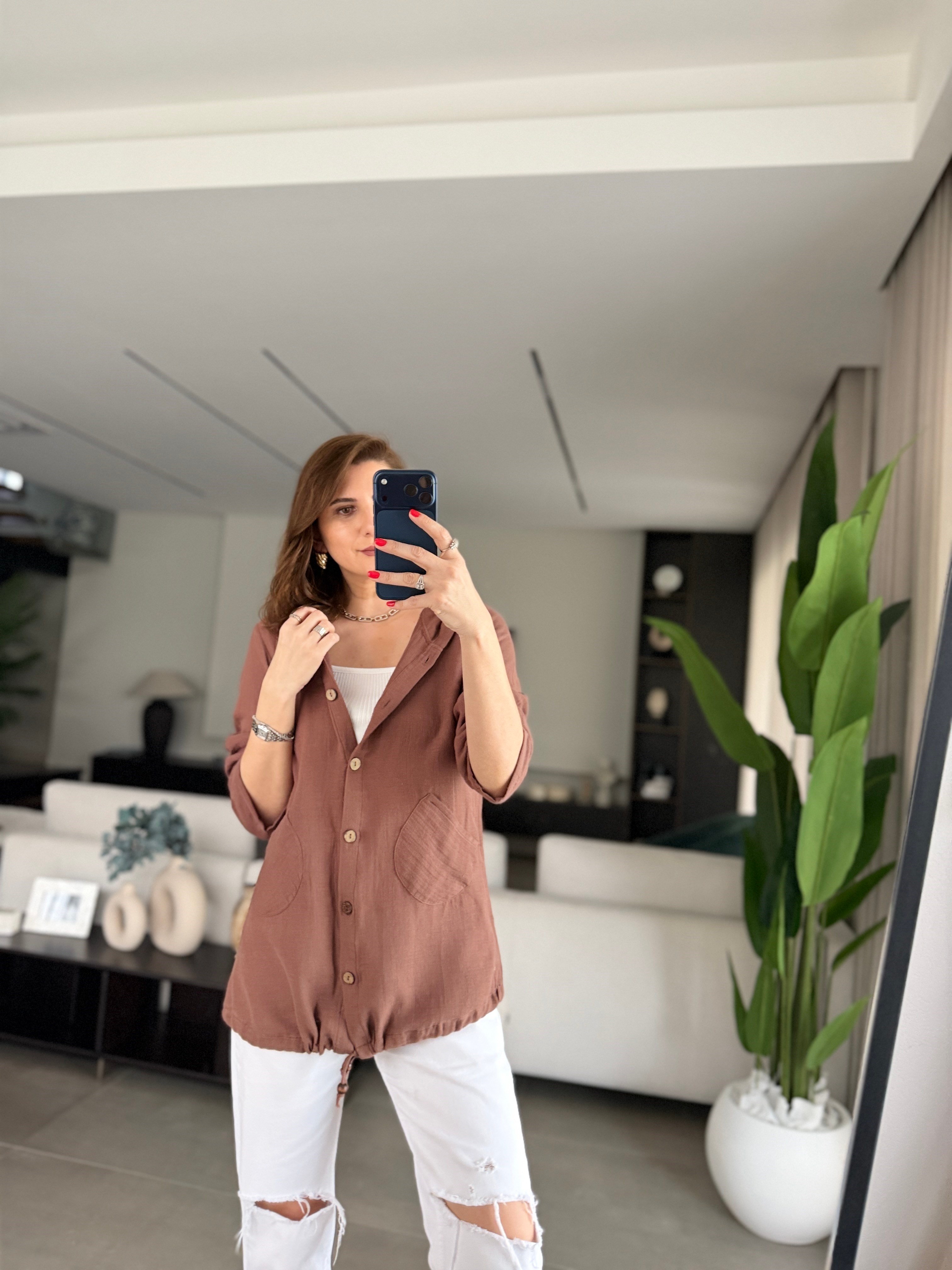 Kahverengi Müslin Kapşonlu Ceket