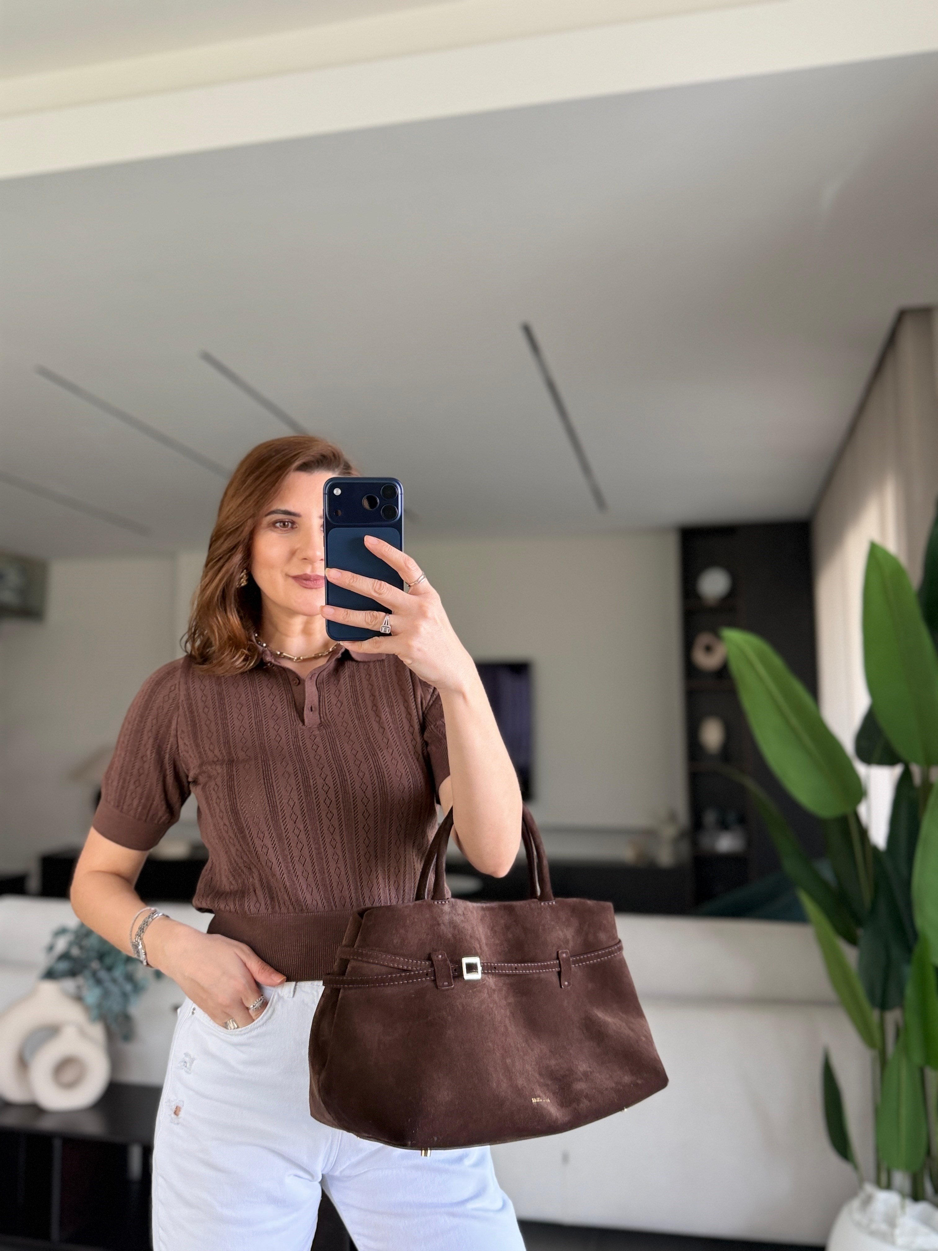 Kahverengi Yakalı Triko Bluz