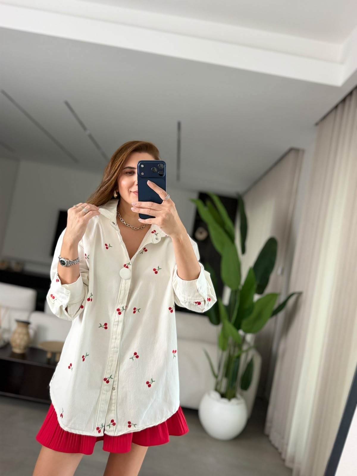 Kiraz Nakışlı Kot Ceket