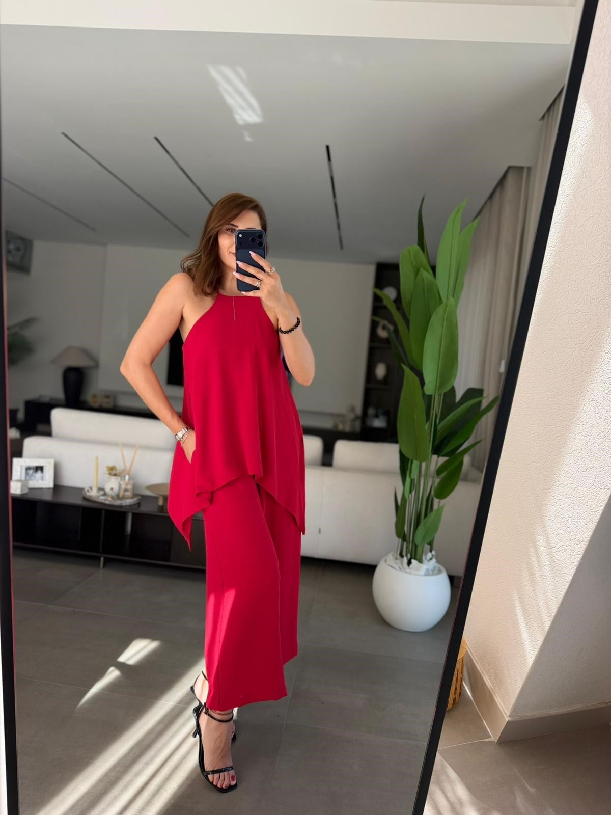 Kırmızı  Askılı Bluz Detaylı Tulum