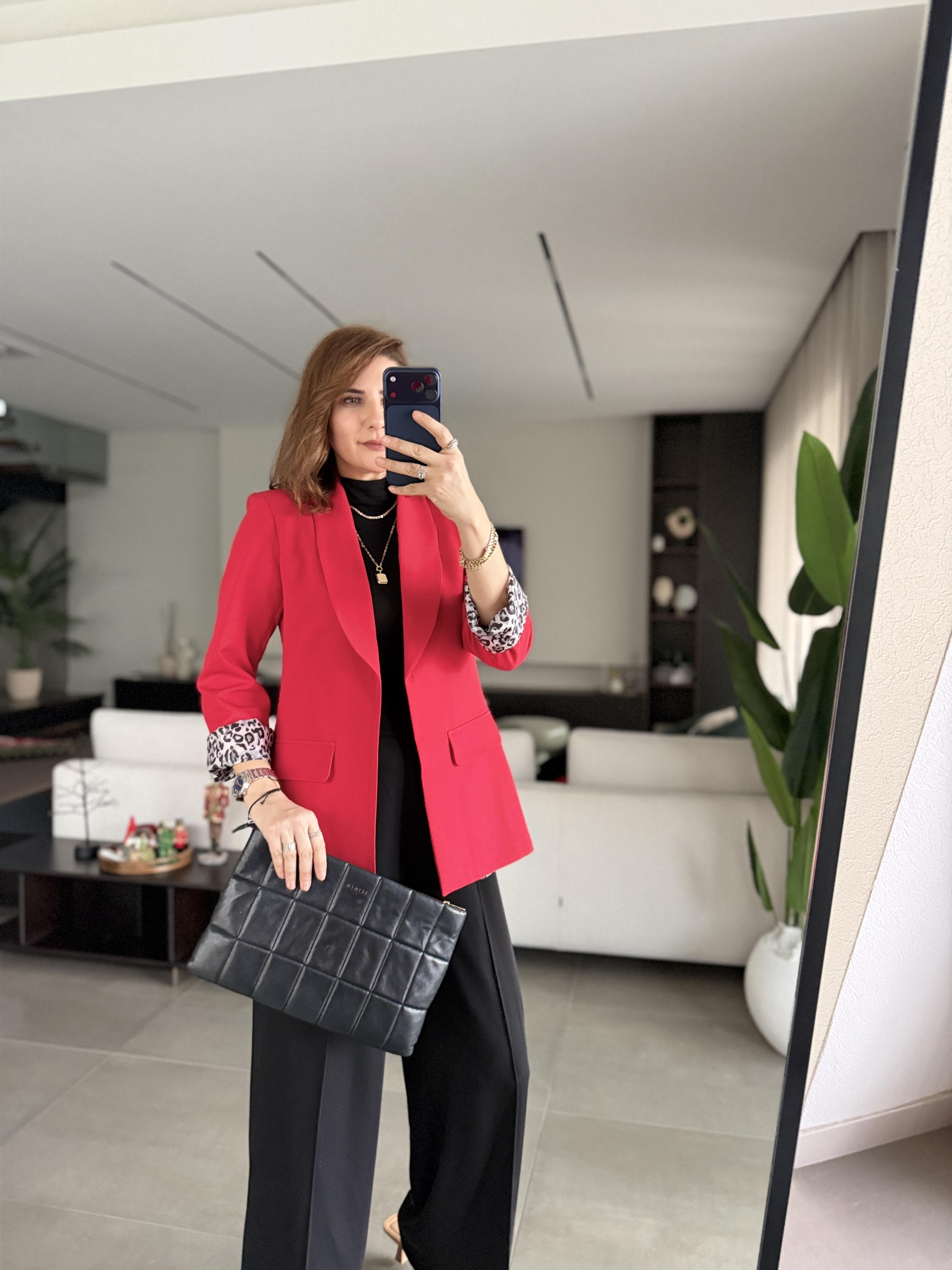 Kırmızı Astarı Leopar Desenli Blazer Ceket