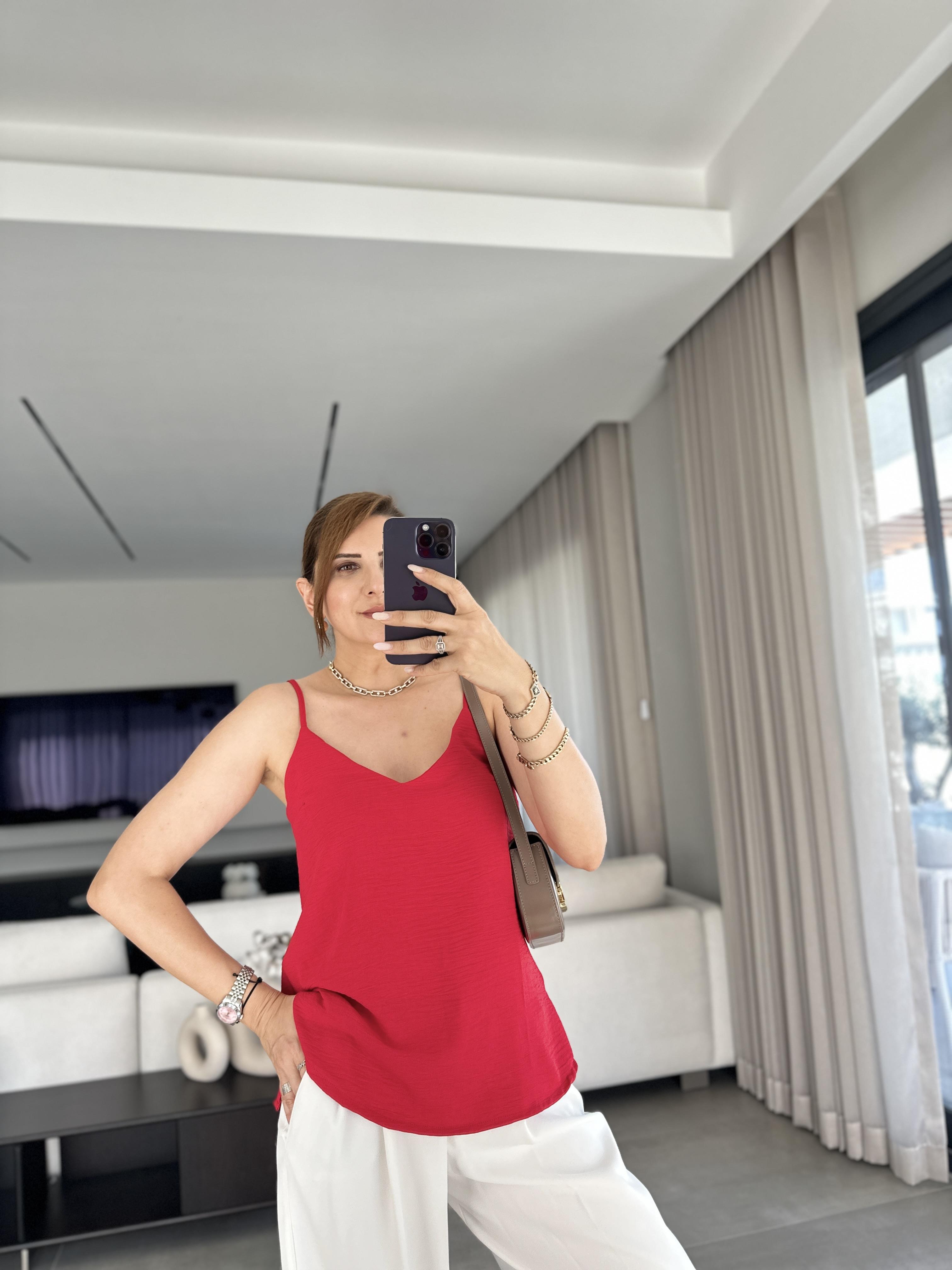 Kırmızı Ayrobin İp Askılı Bluz