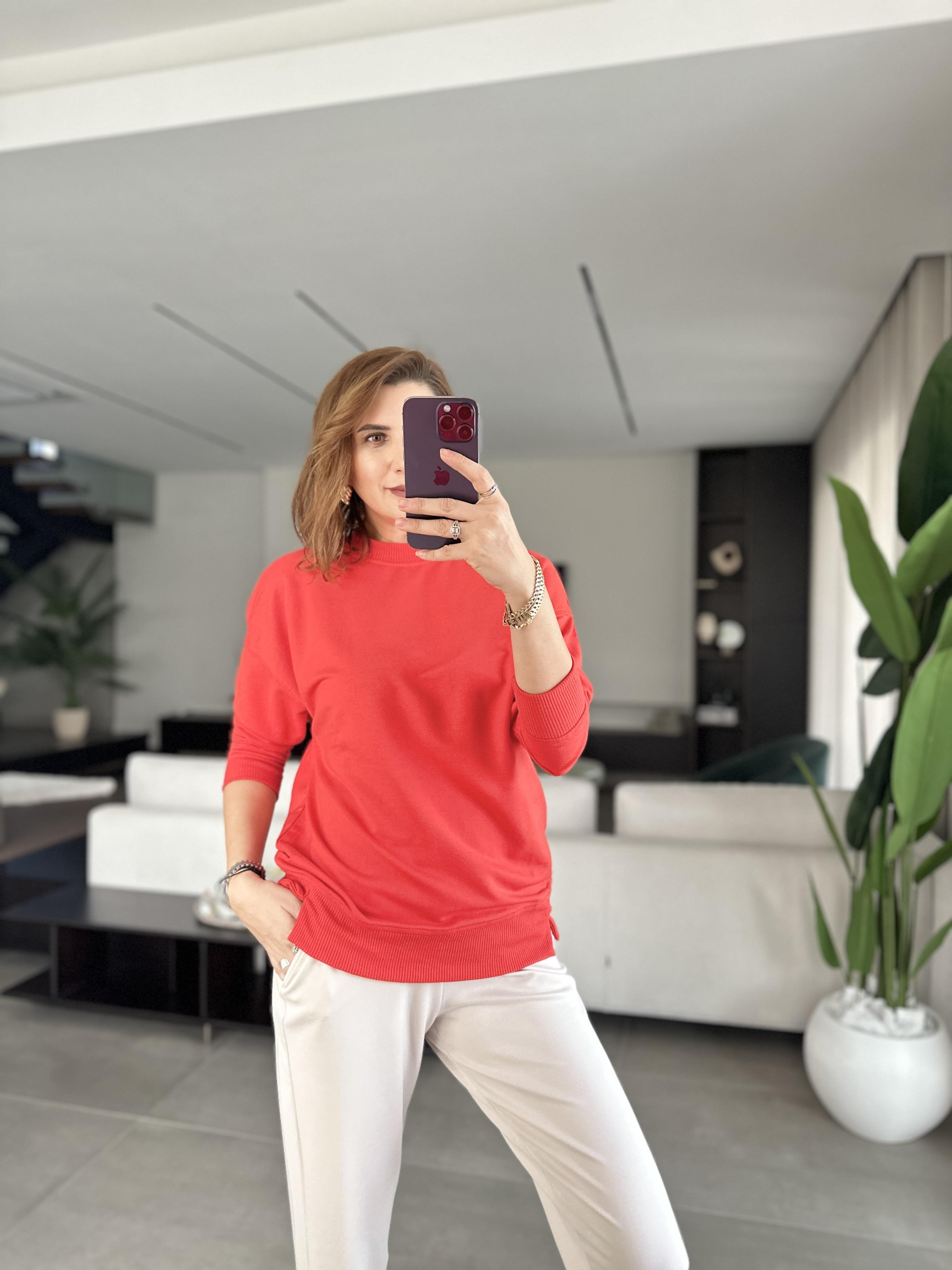 Kırmızı Basic Bisiklet Yaka Sweat