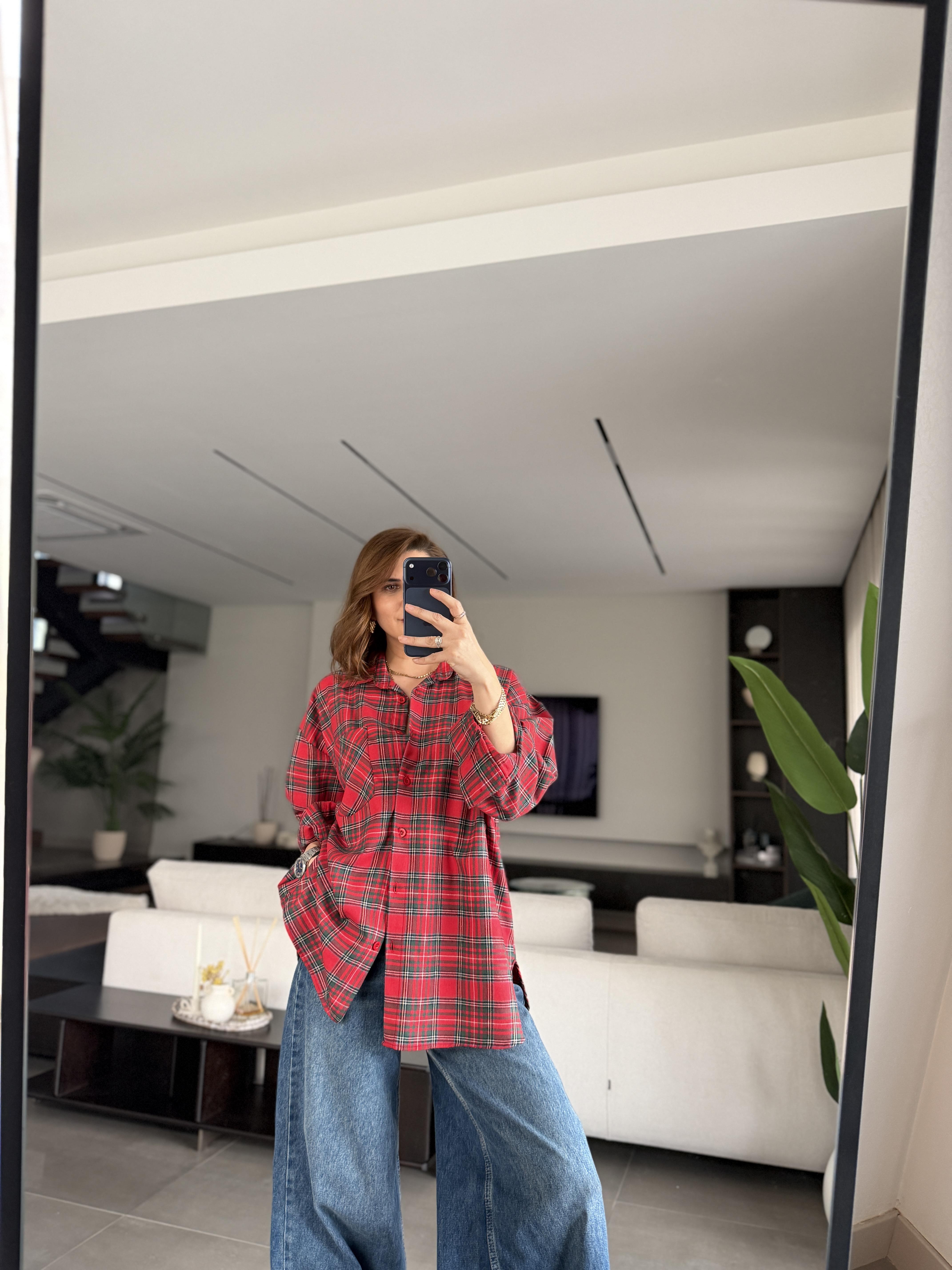 Kırmızı Oversize Ekoseli Gömlek