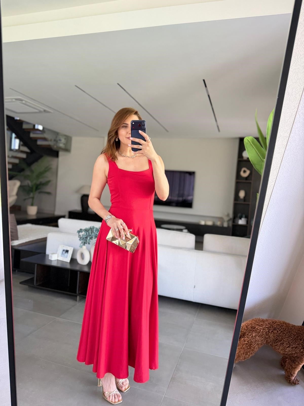 Kırmızı Scuba Kemerli Elbise