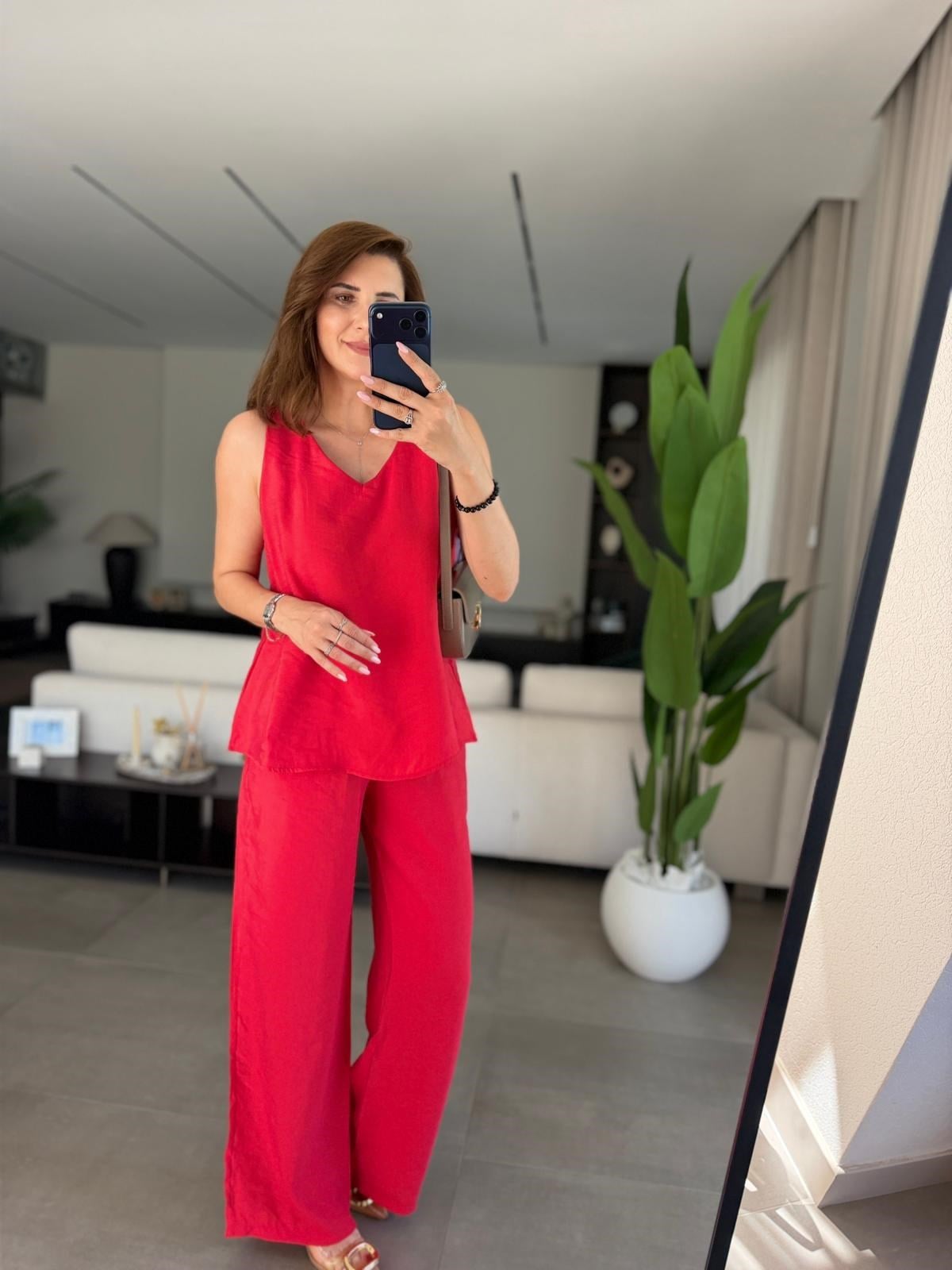 Kırmızı V Yaka Tencel Kolsuz Takım