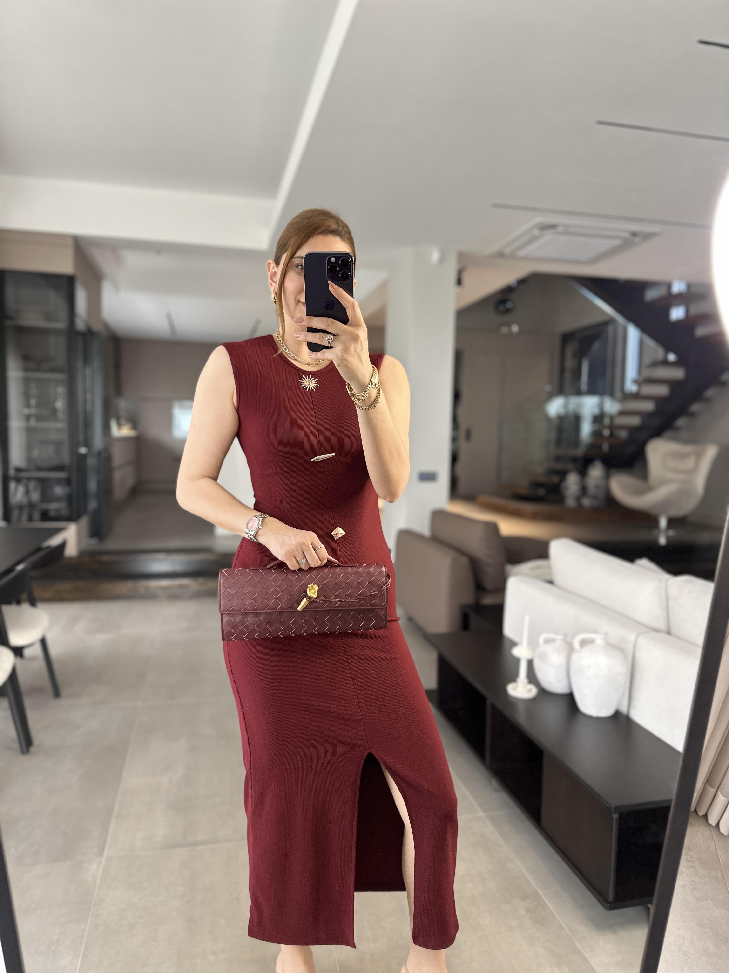 Kolsuz Tasarım Ottoman Bordo Elbise