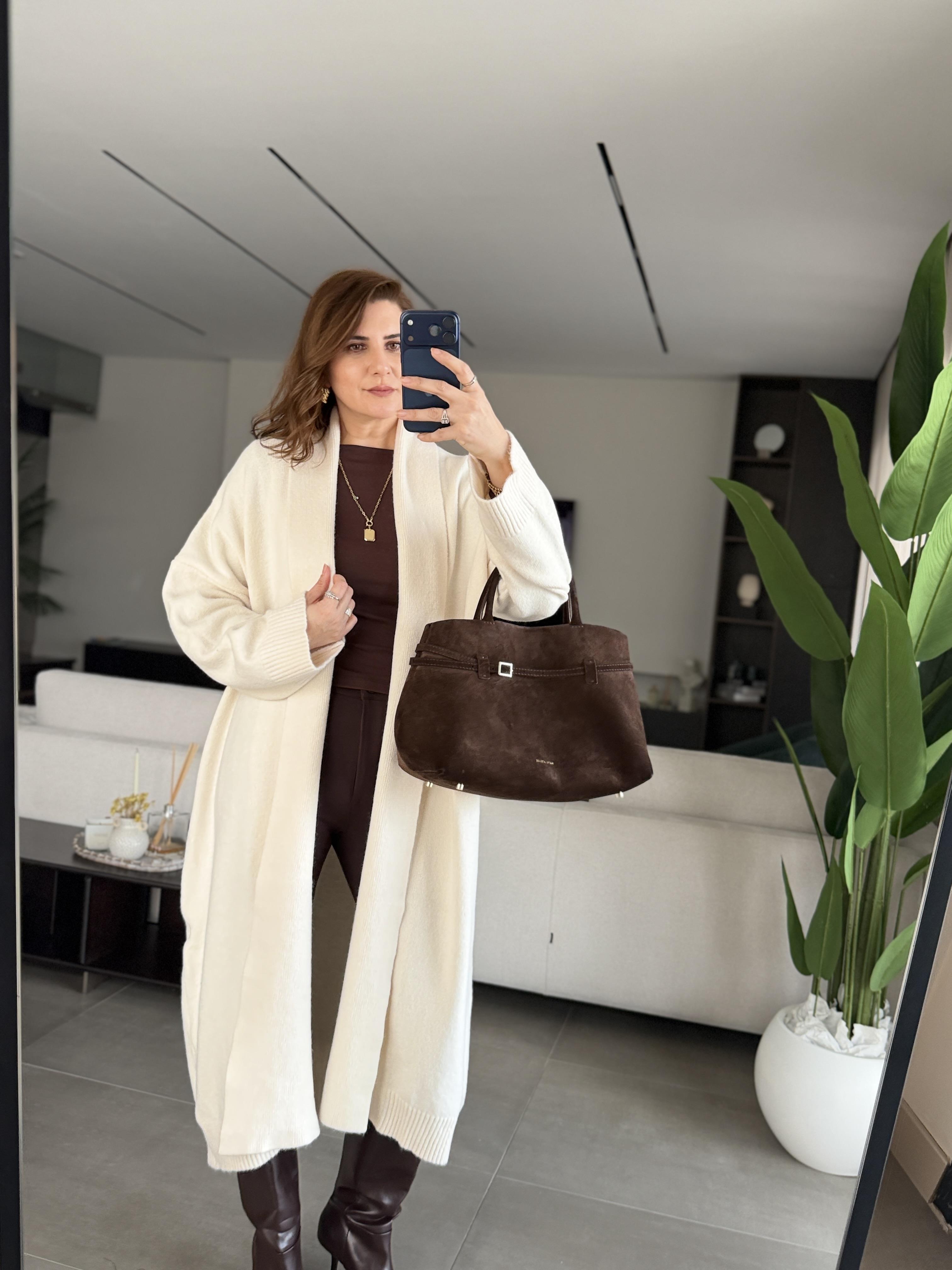Krem Şal Yaka Uzun Triko Hırka