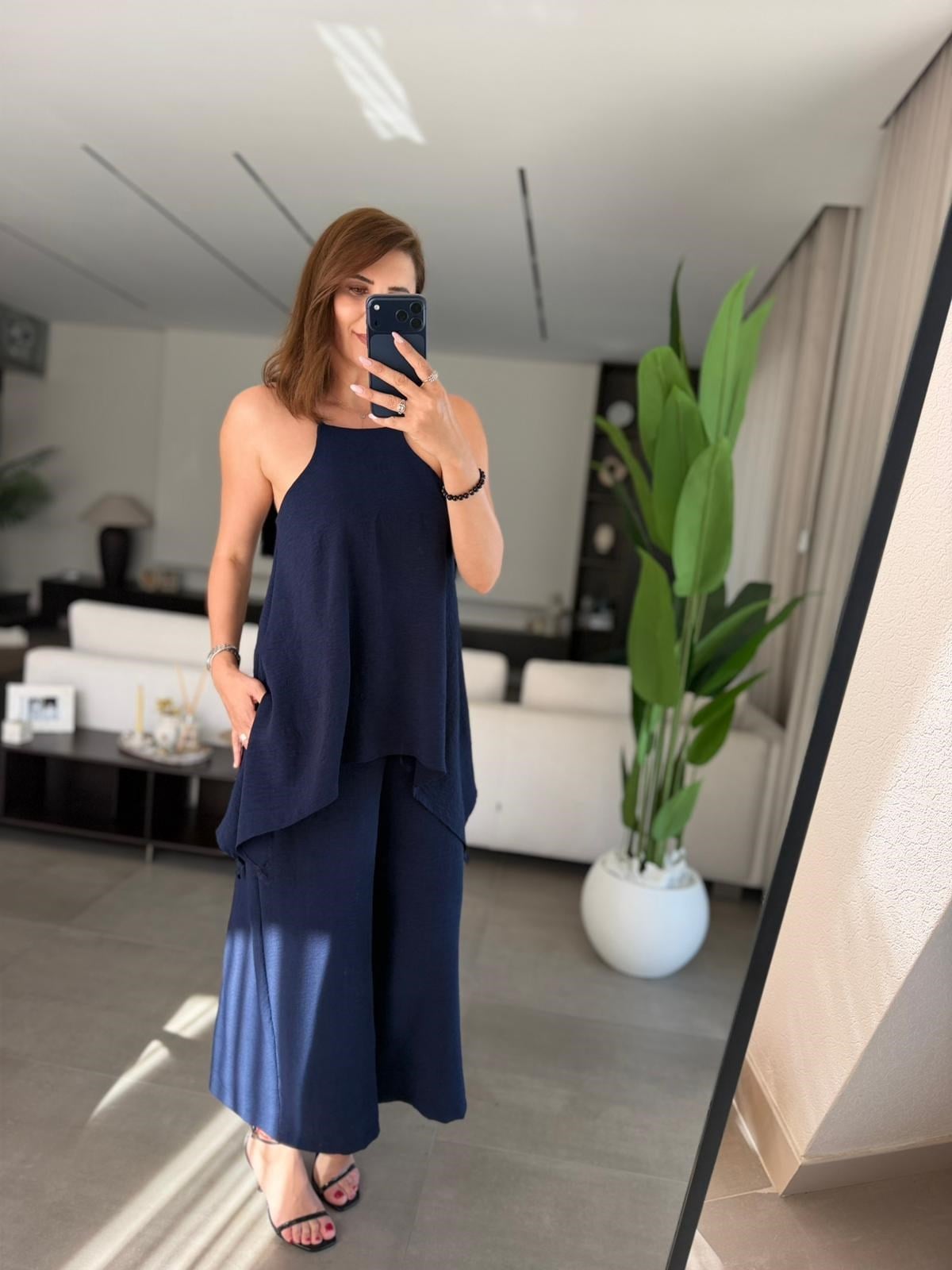 Lacivert  Askılı Bluz Detaylı Tulum