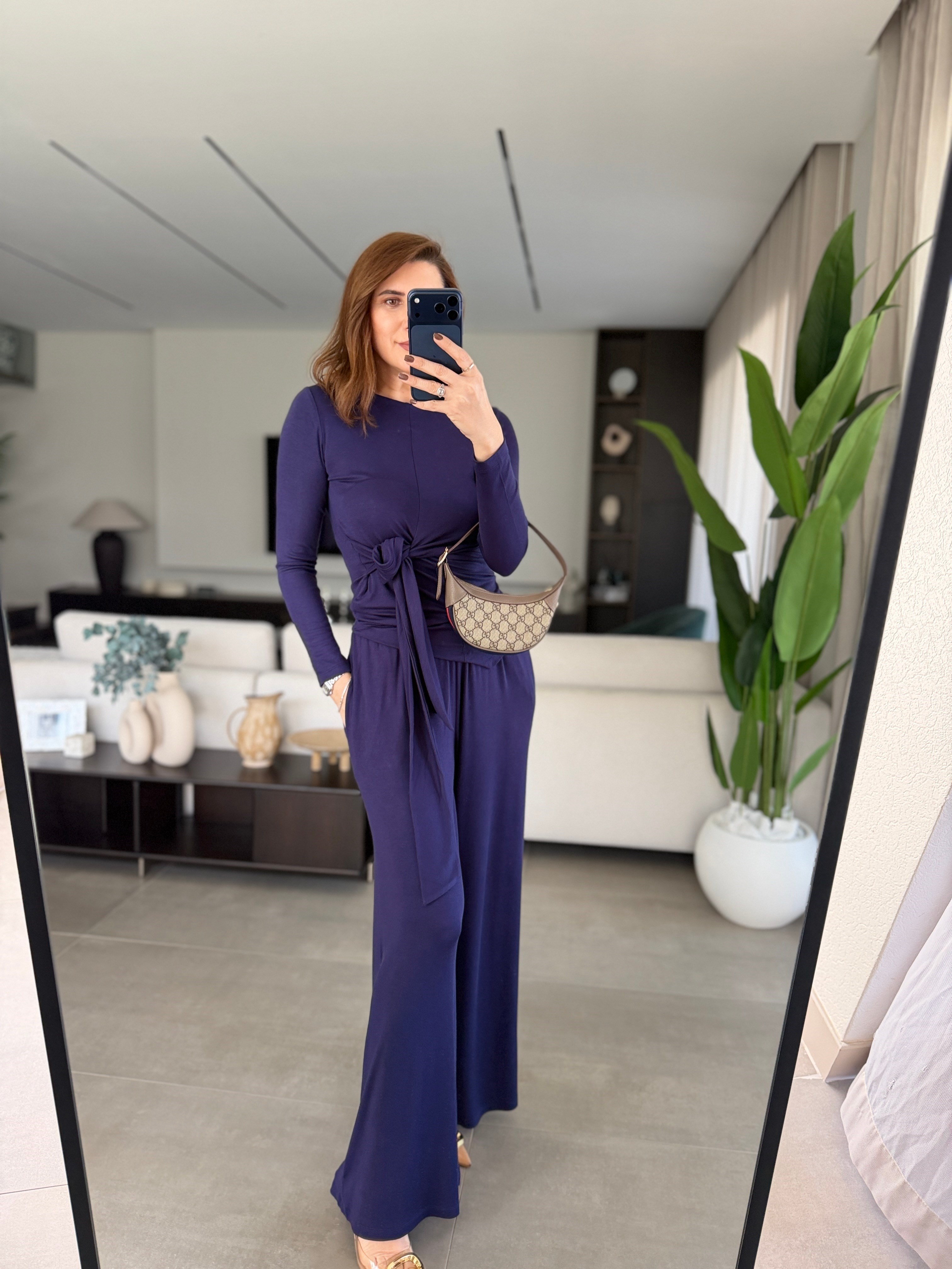 Lacivert Bel Bağlamalı Pantolon Takım