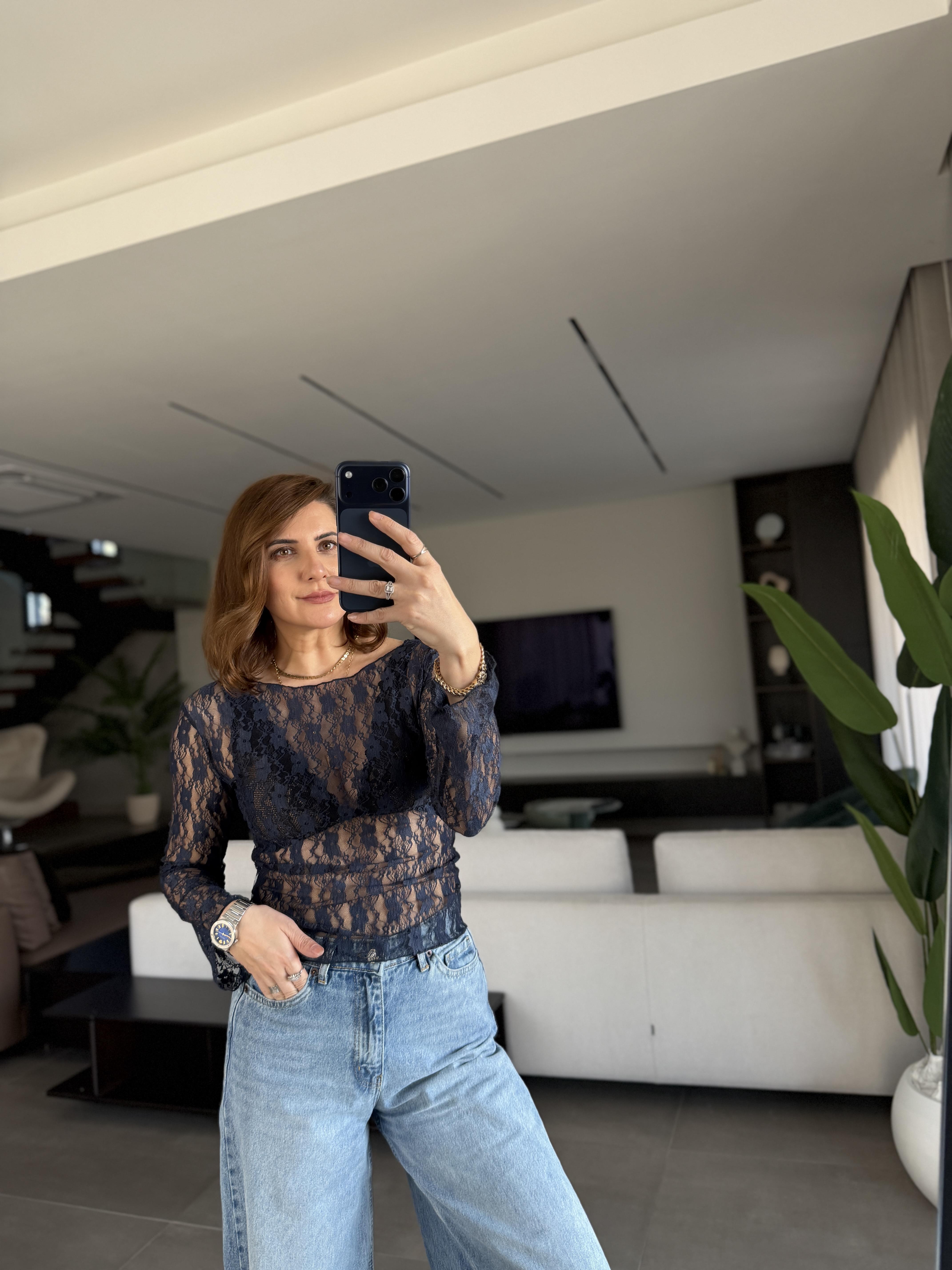 Lacivert Bisiklet Yaka Dantel Bluz