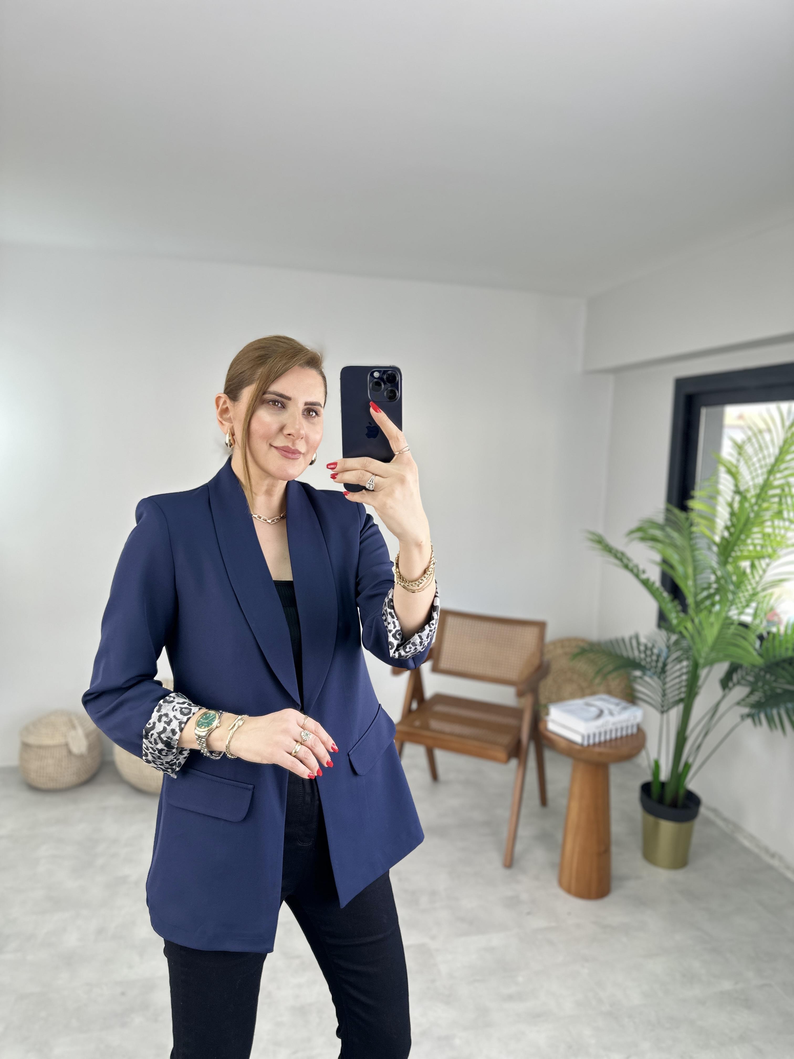 Lacivert Büyük Beden İçi Leopar Astarlı Blazer Ceket