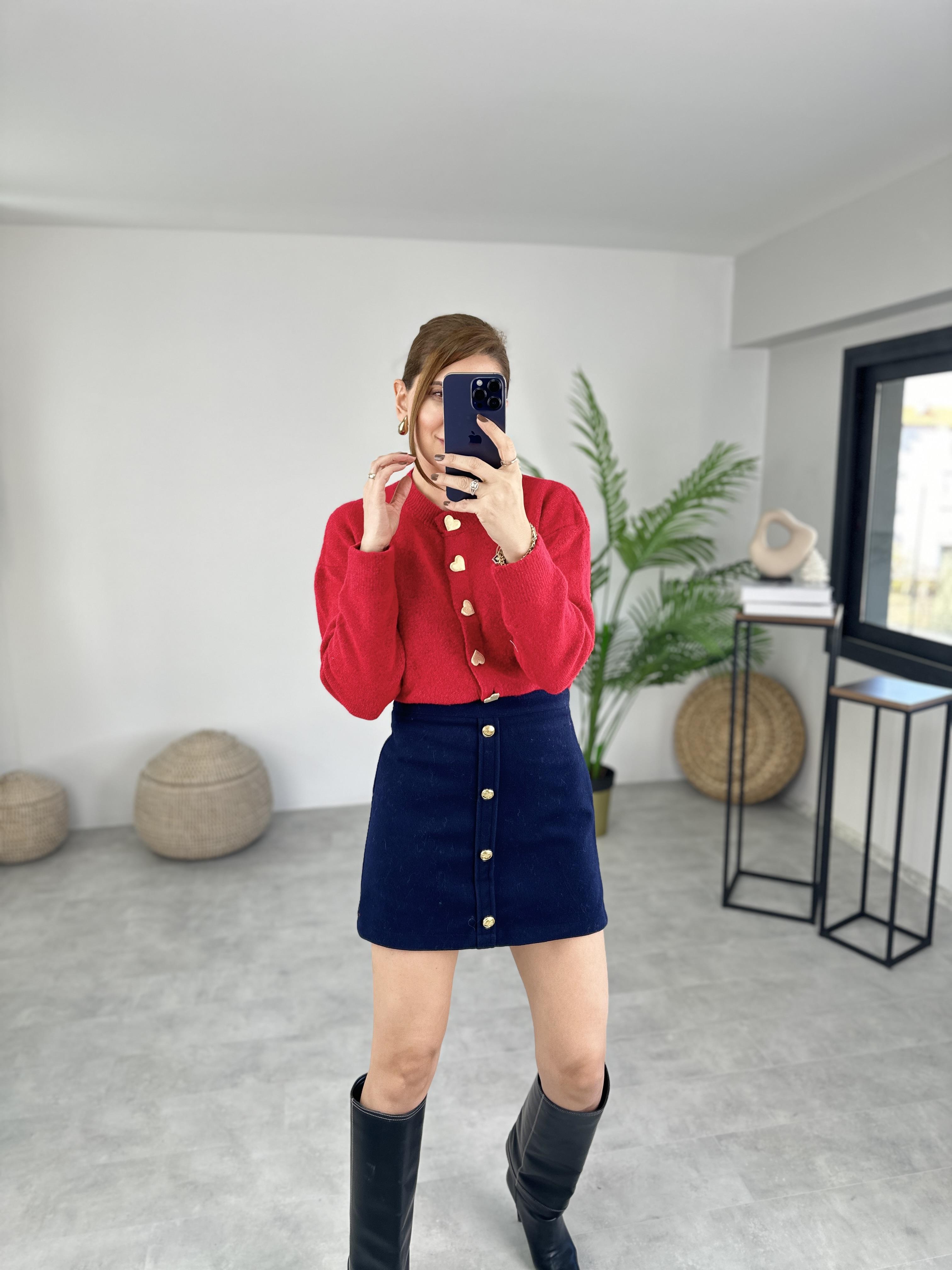 Lacivert Gold Düğme Detaylı Etek