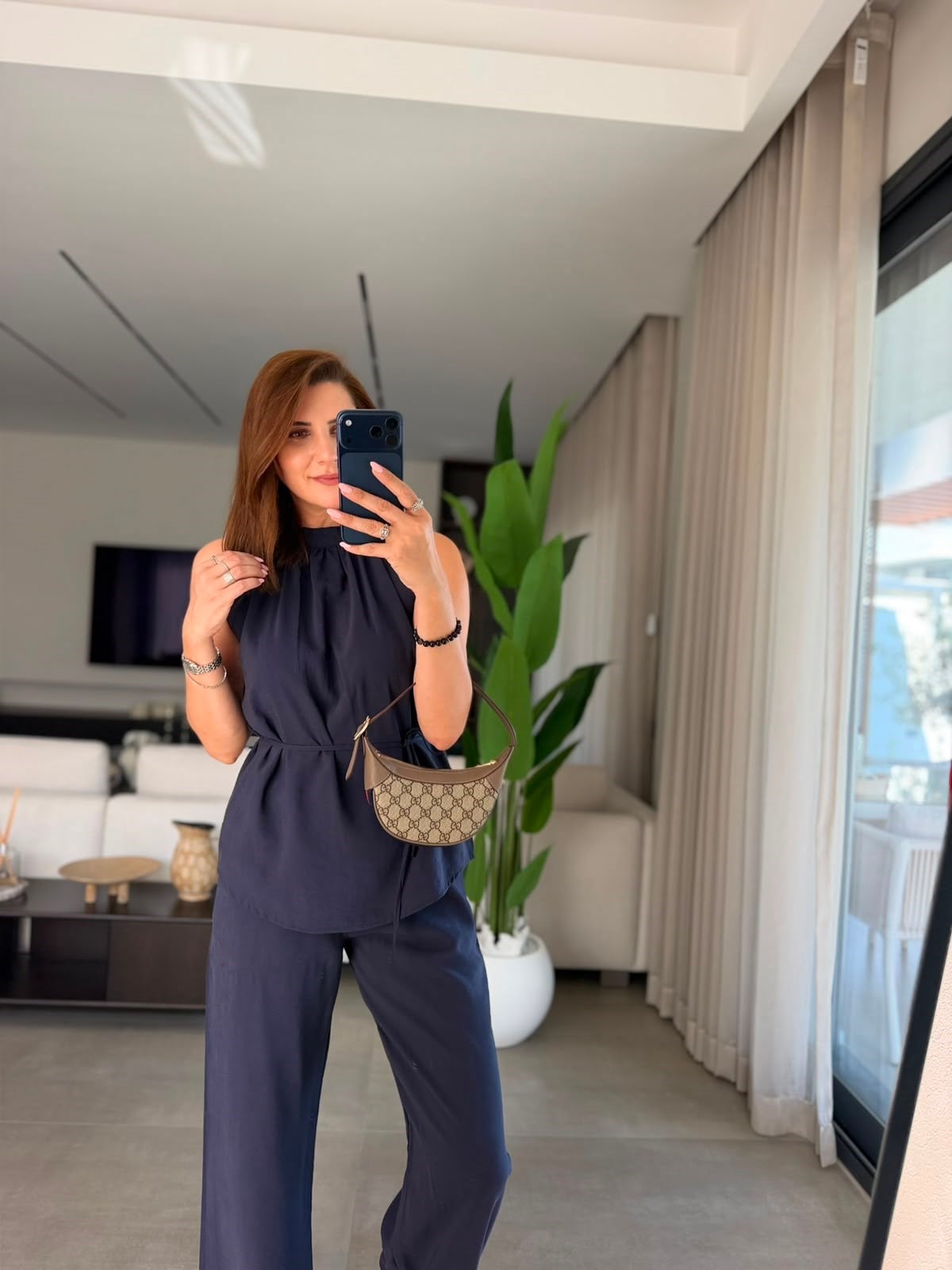 Lacivert Halter Yaka Bluz Pantolon Takım