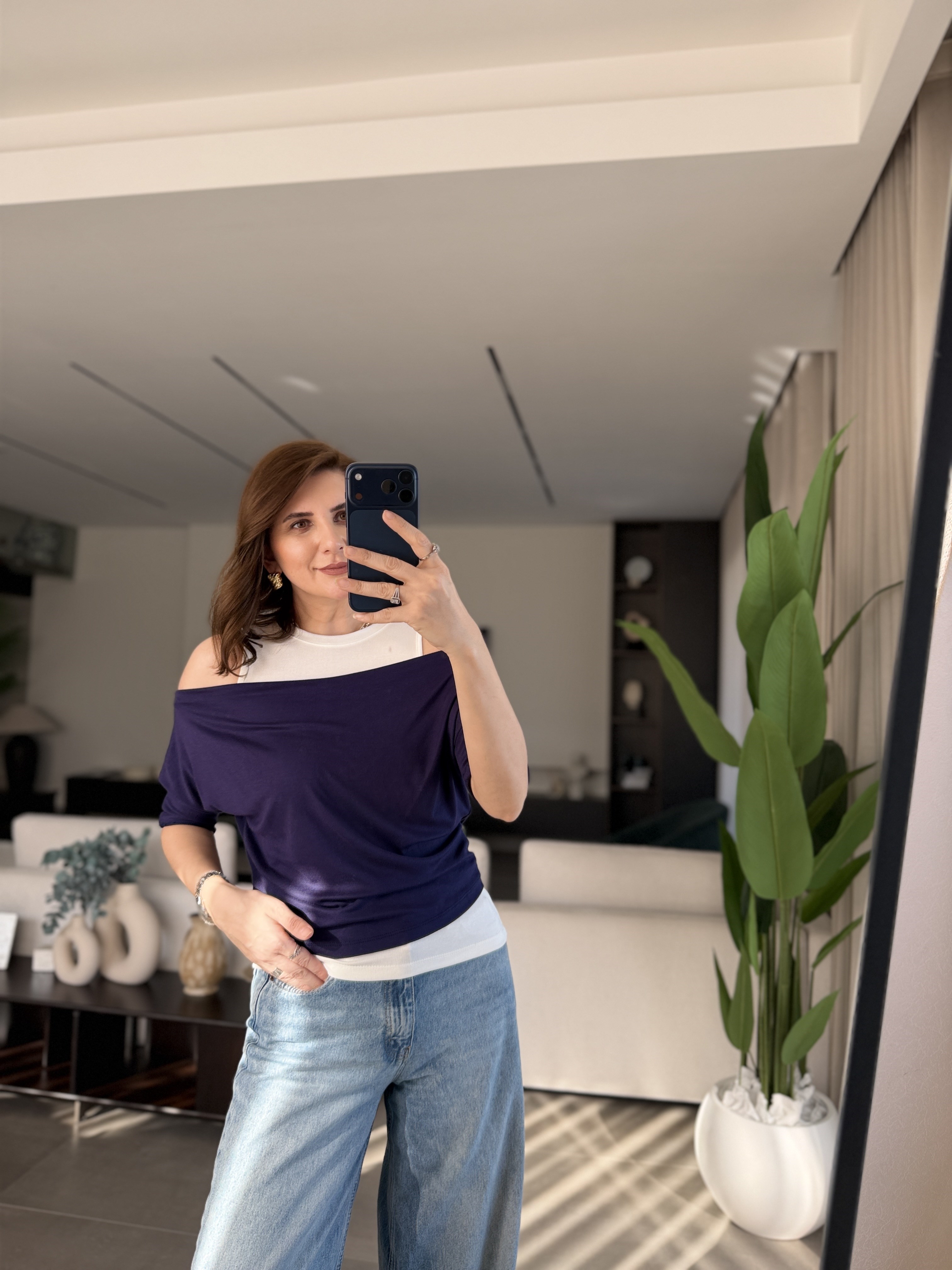 Lacivert Kayık Yaka Atletli Bluz