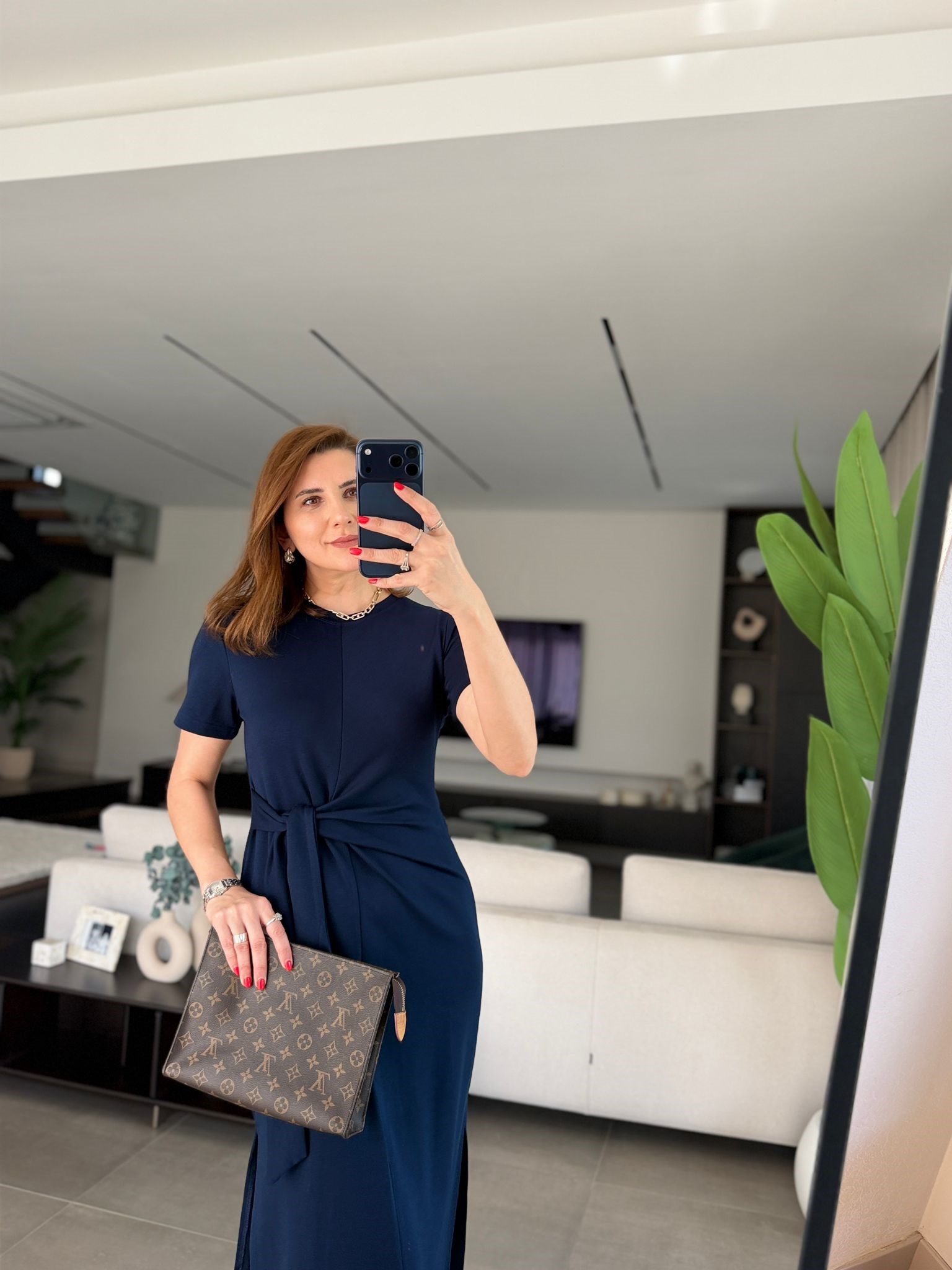 Lacivert Kısa Kol Bel Yandan Bağlamalı Elbise