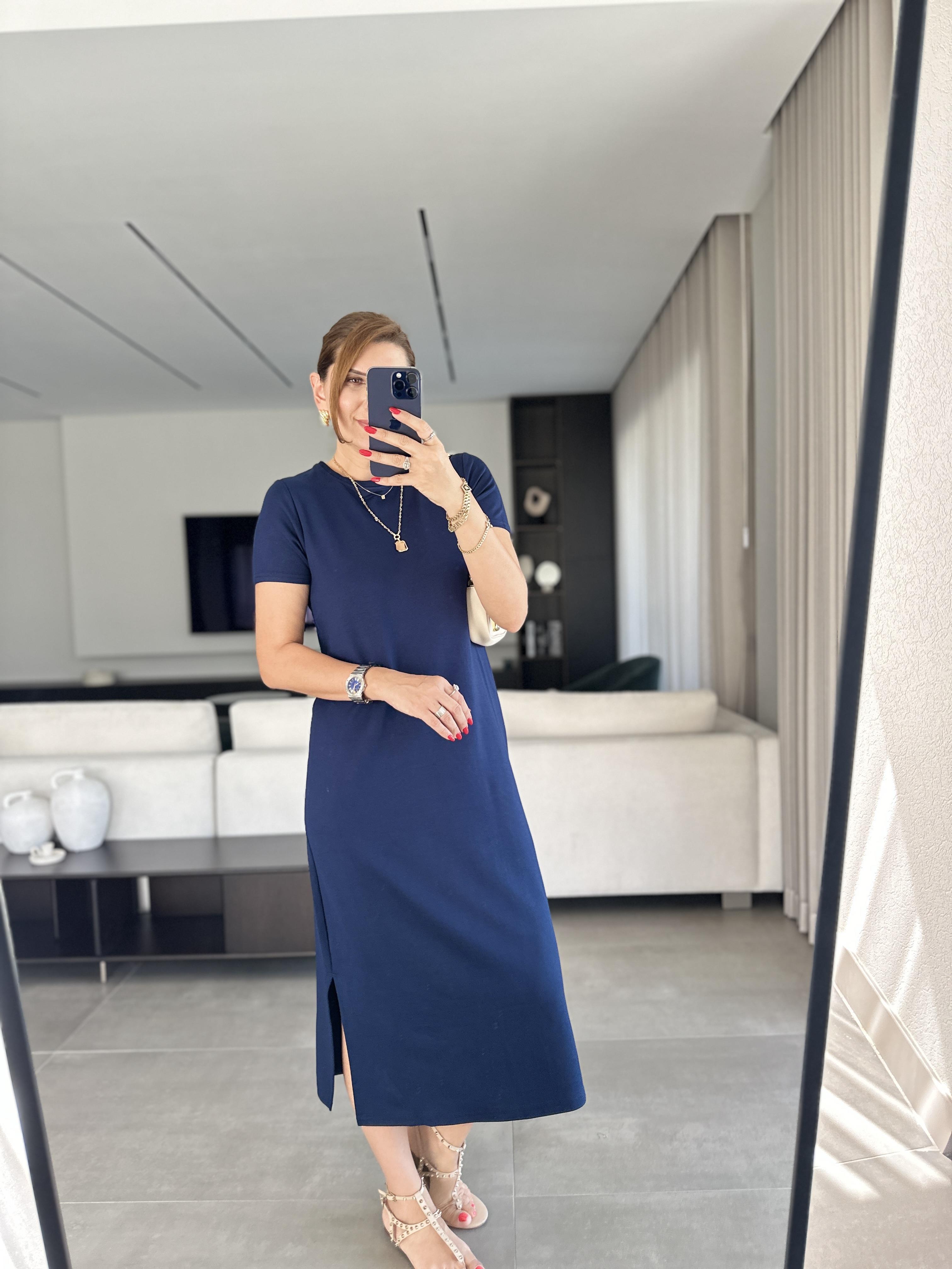 Lacivert Kısa Kollu Basic Yırtmaçlı Elbise