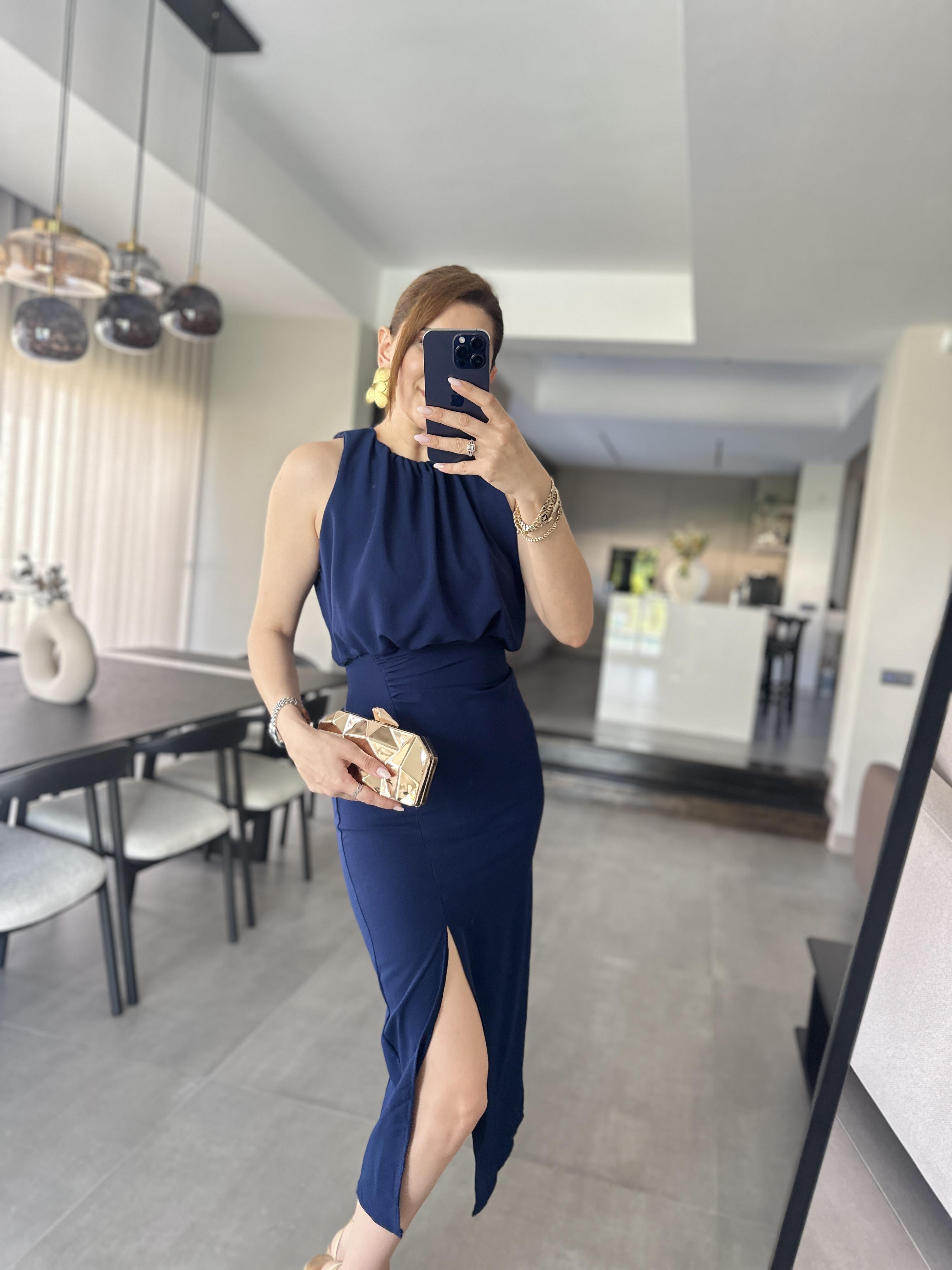 Lacivert Linda Yırtmaçlı Elbise