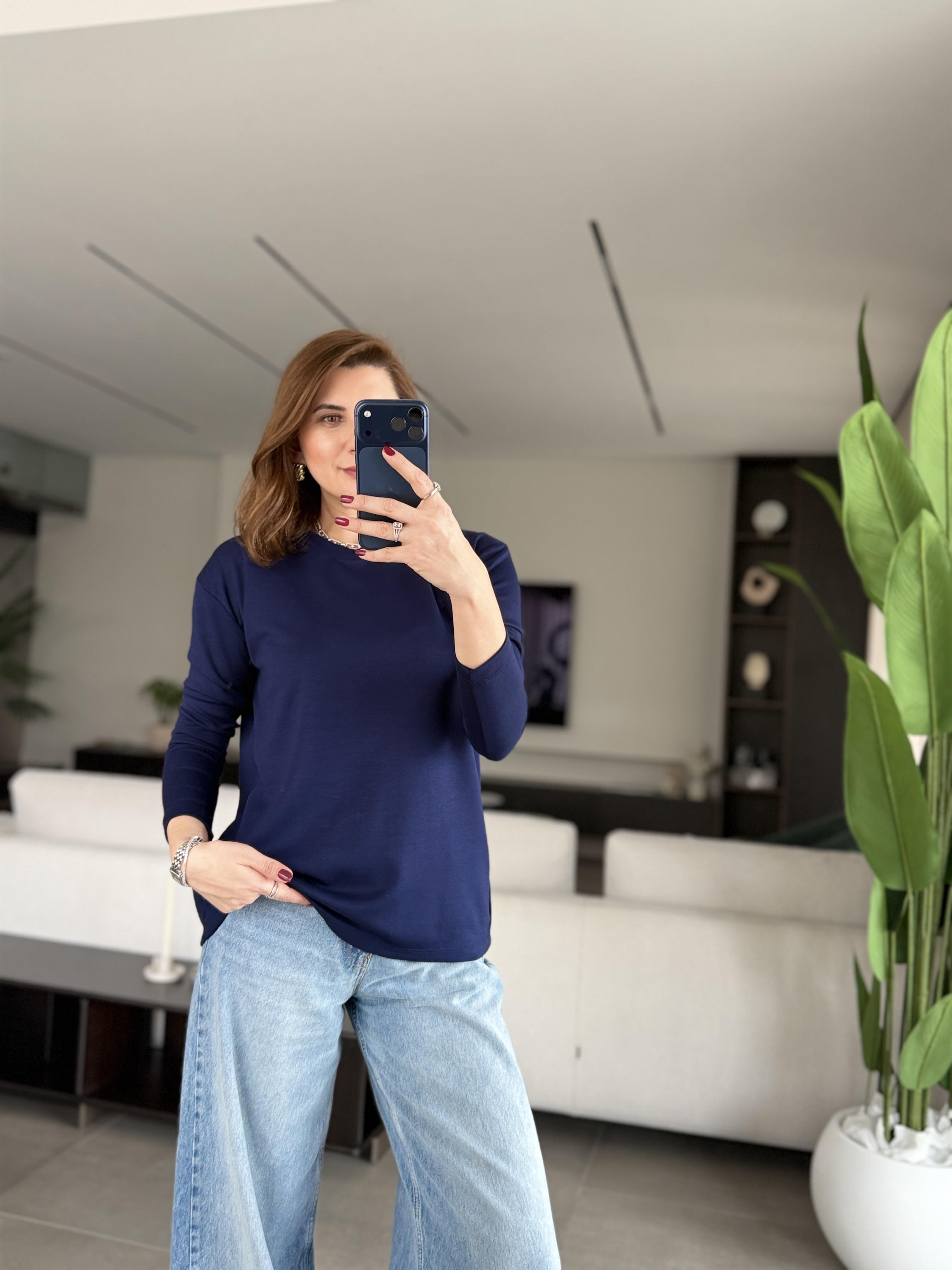 Lacivert Malta Bisiklet Yaka Basic Sweat