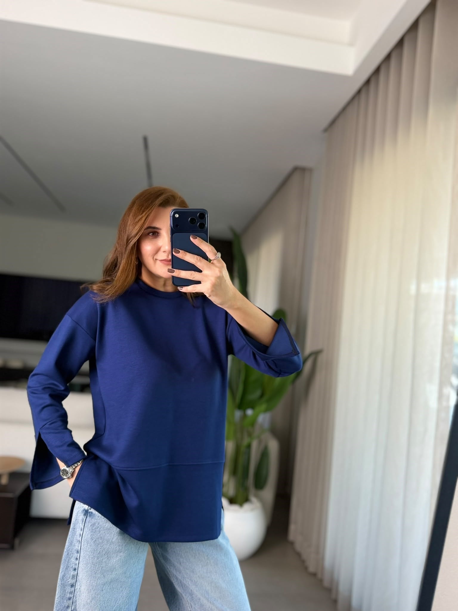 Lacivert Manşet Yırtmaçlı Sweatshırt