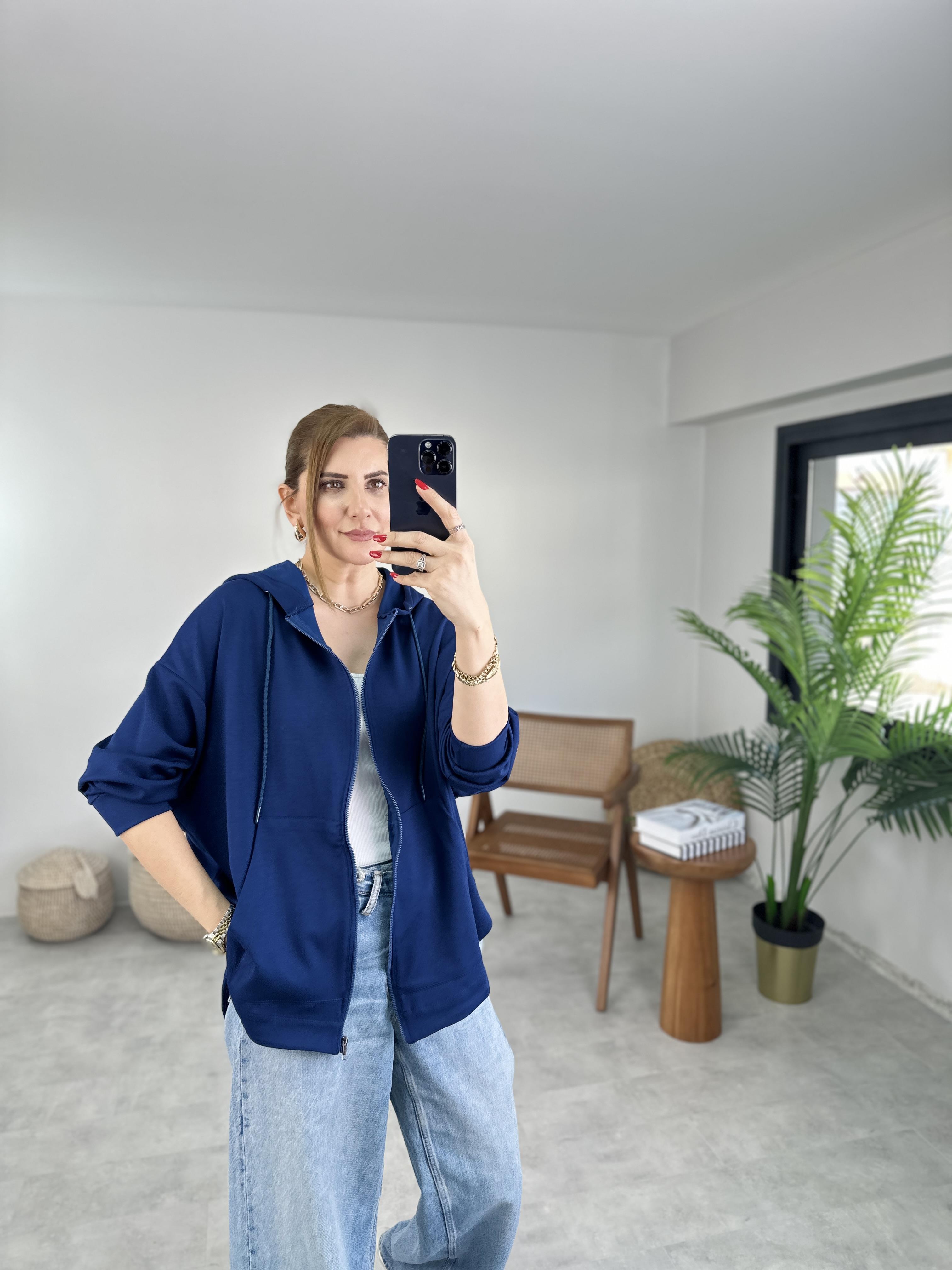 Lacivert  Modal Fermuarlı Oversize Ceket
