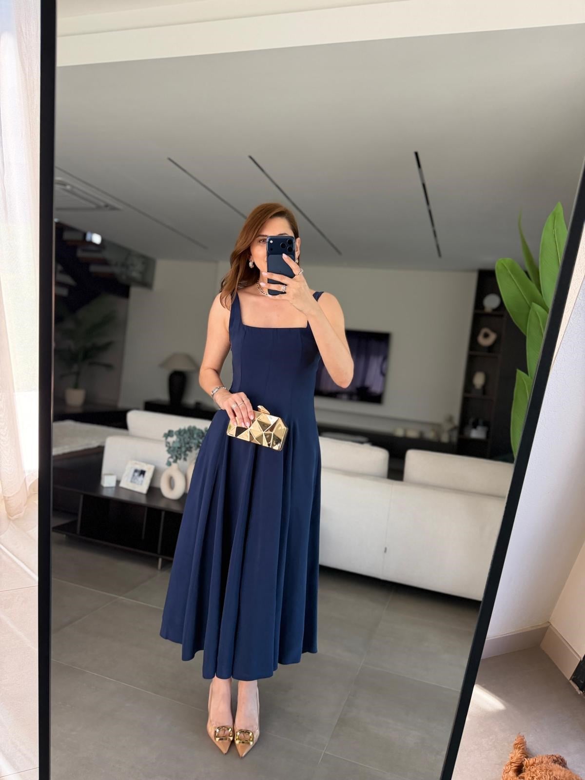 Lacivert Modal Kare Yaka Elbise