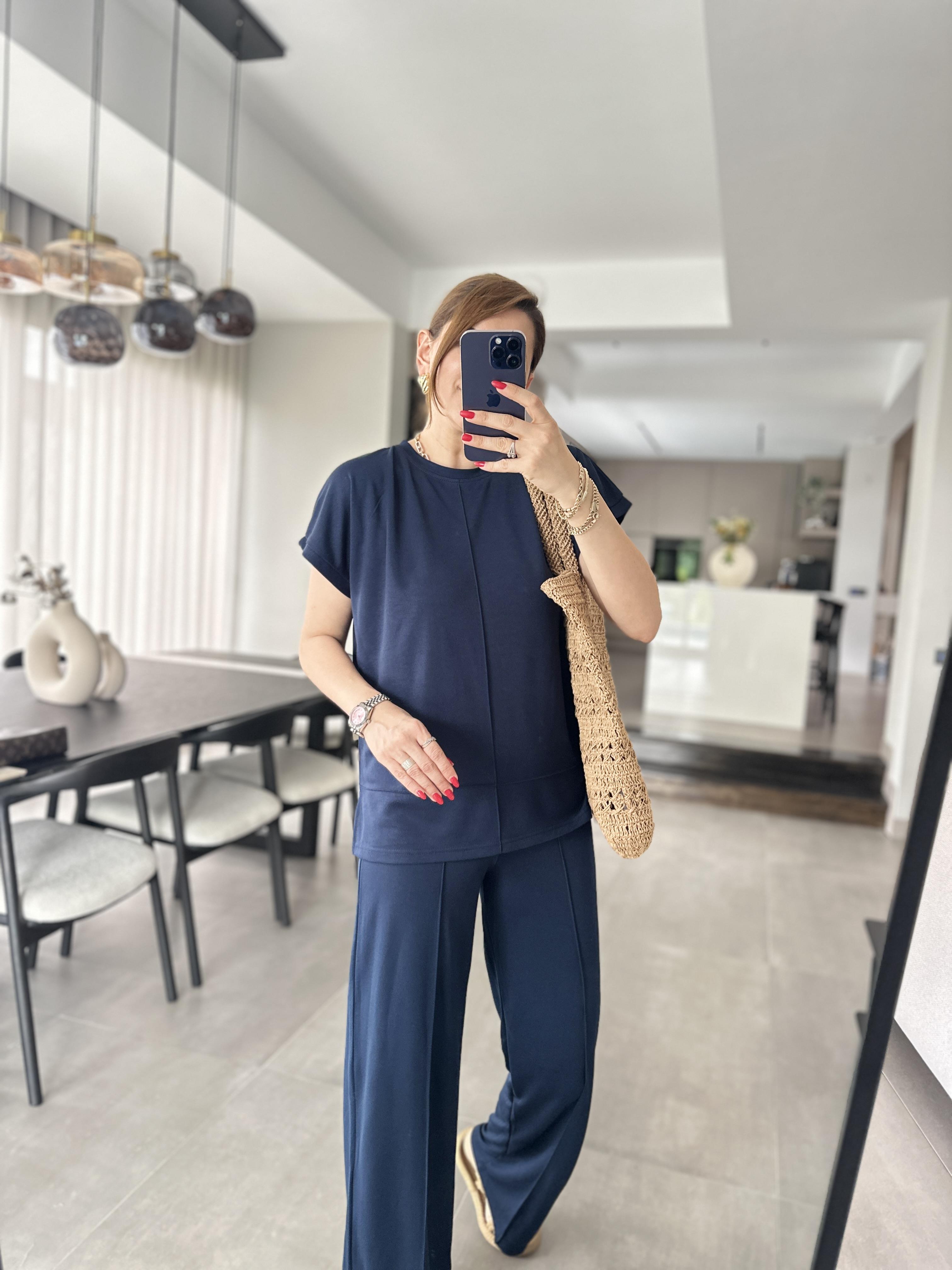 Lacivert Modal Kumaş Çımalı T-Shirt Pantolonlu Takım
