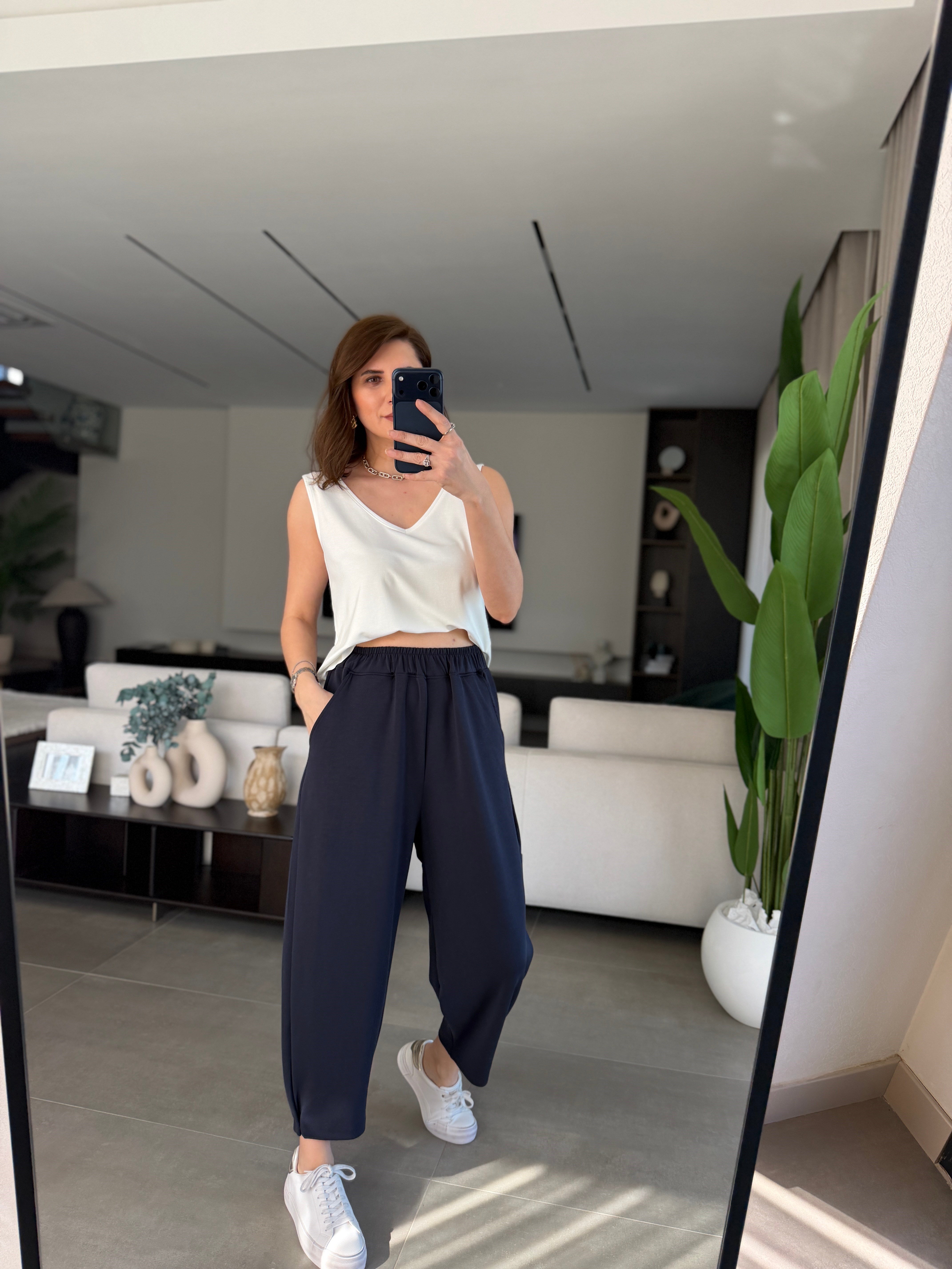 Lacivert Modal Paça Tutturmalı Pantolon