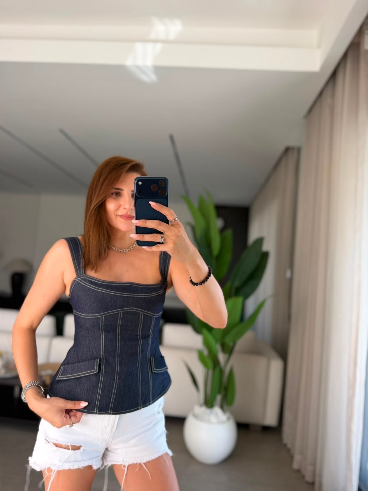 Lacivert Ön Cepli Kot Bluz