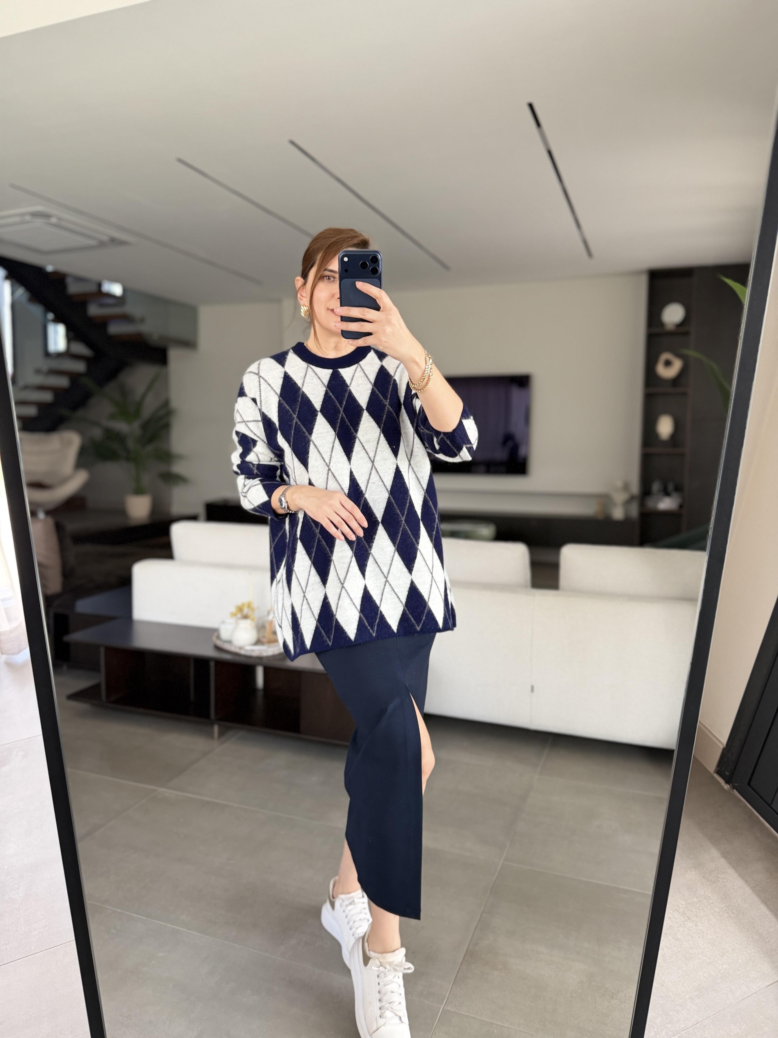 Lacivert Oversize Baklava Desenli Kazak