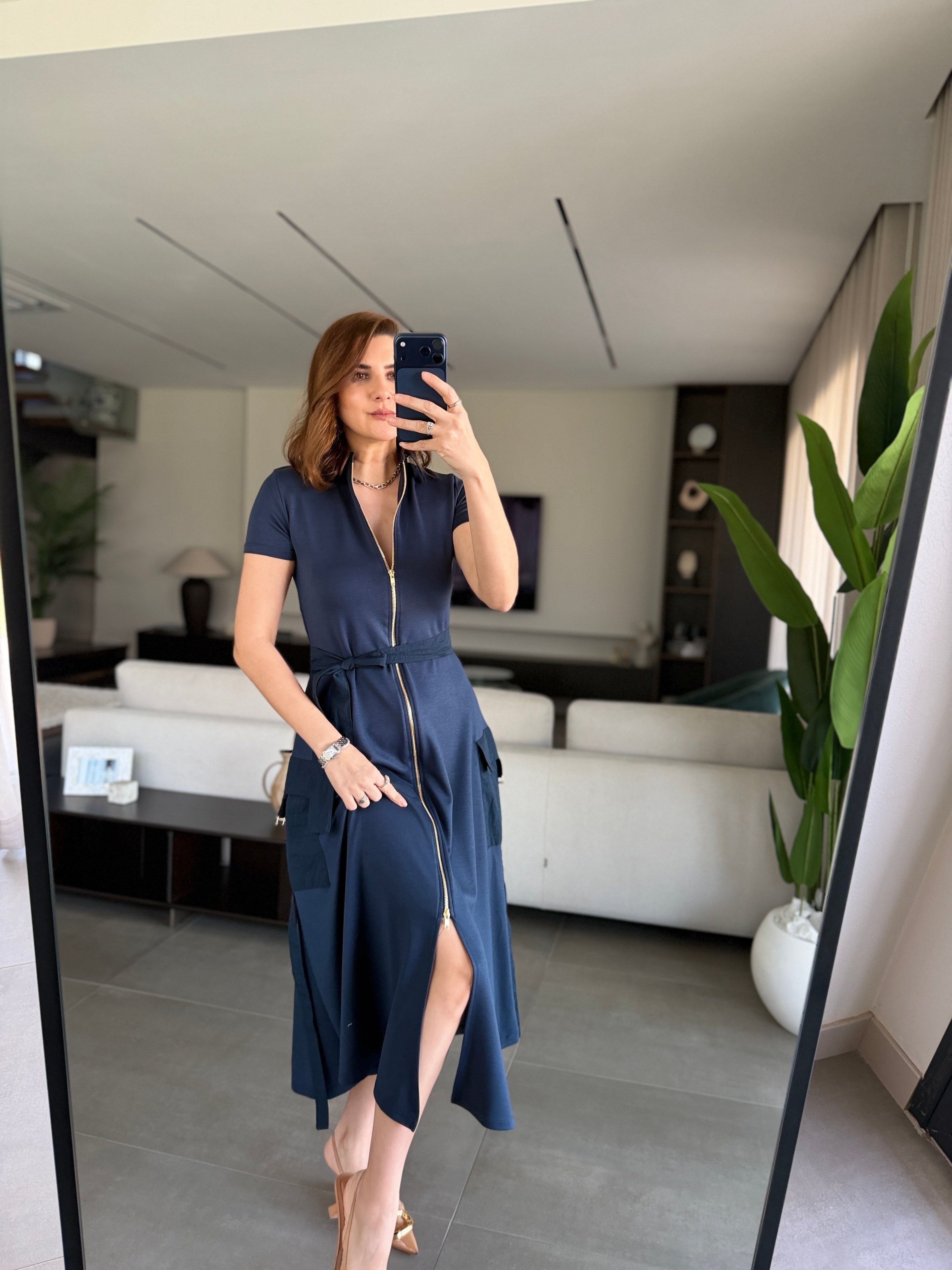 Lacivert Paraşüt Garnili Kemer Detaylı Elbise