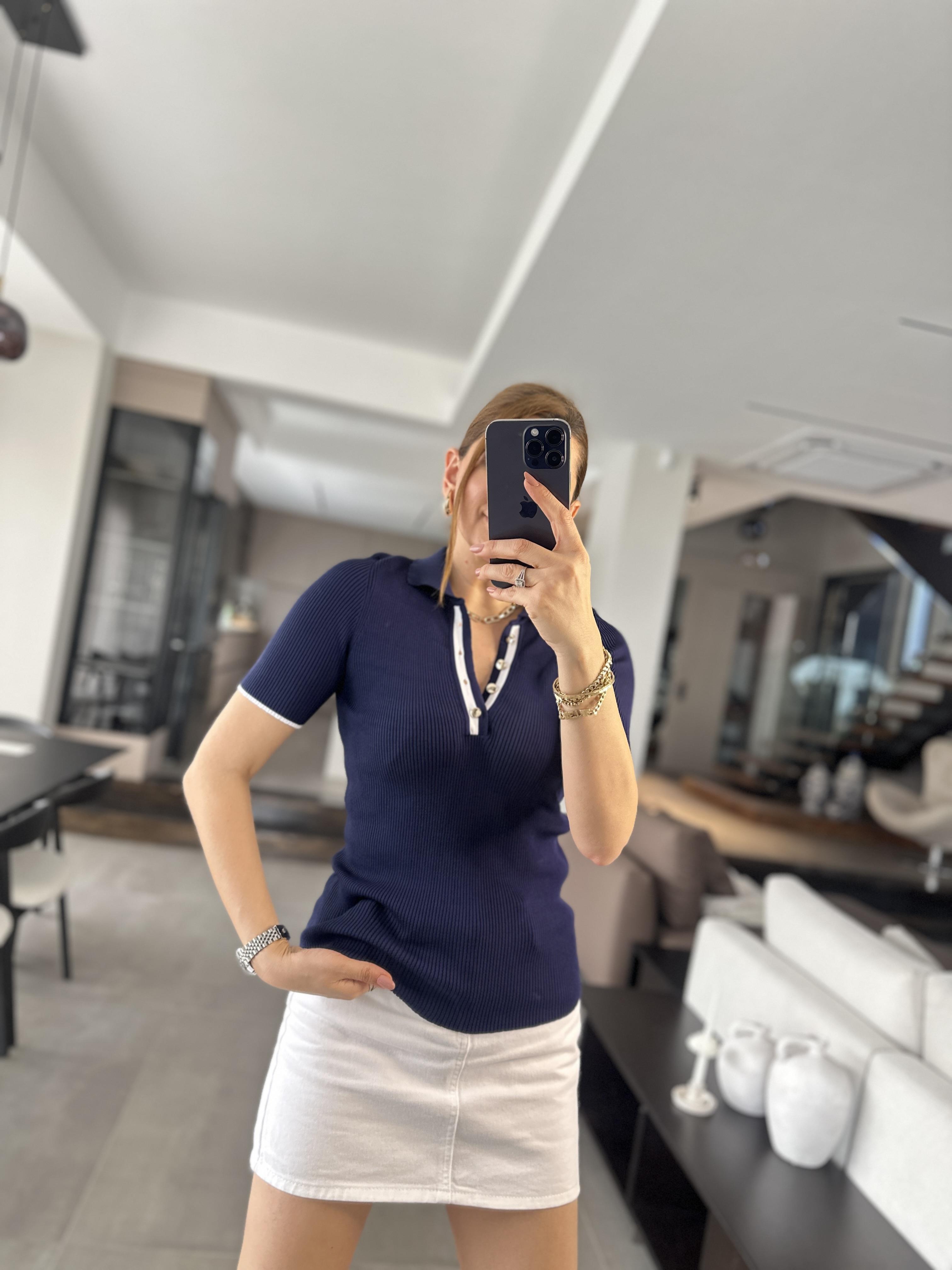 Lacivert Polo Yaka Fitilli Bluz
