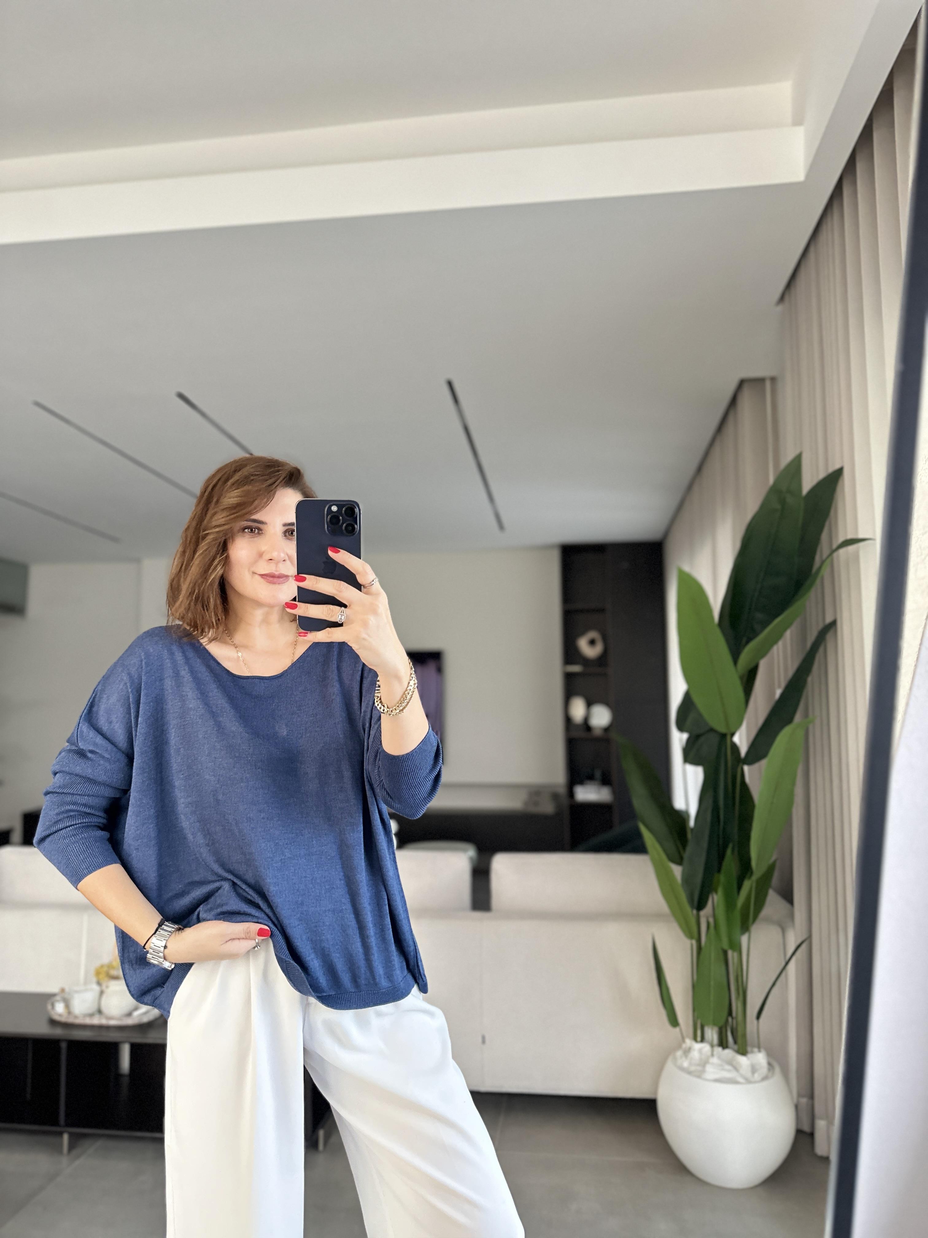 Lacivert Rozal Kol Lastik Detaylı Bluz