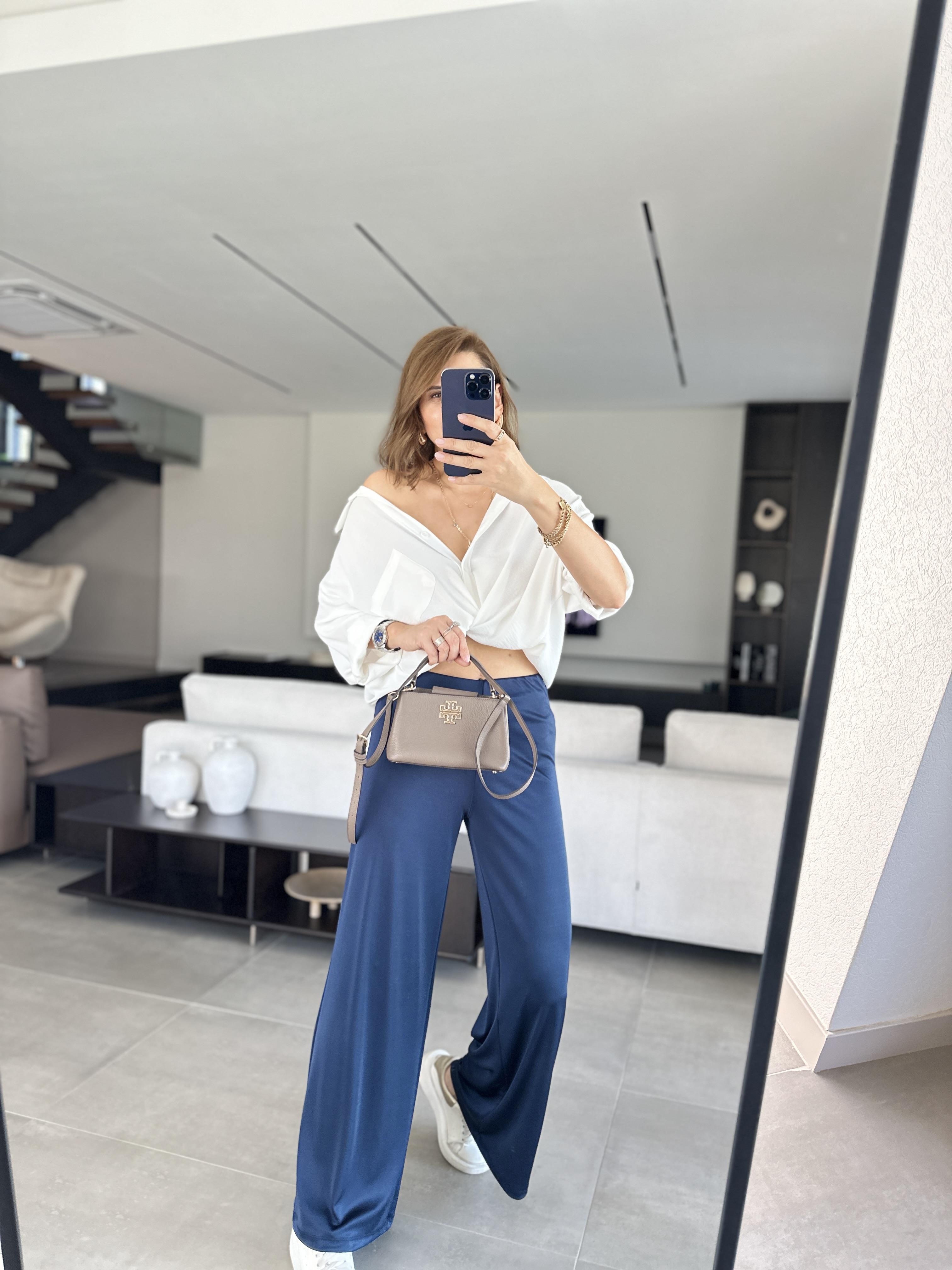 Lacivert Saten Palazzo Pantolon