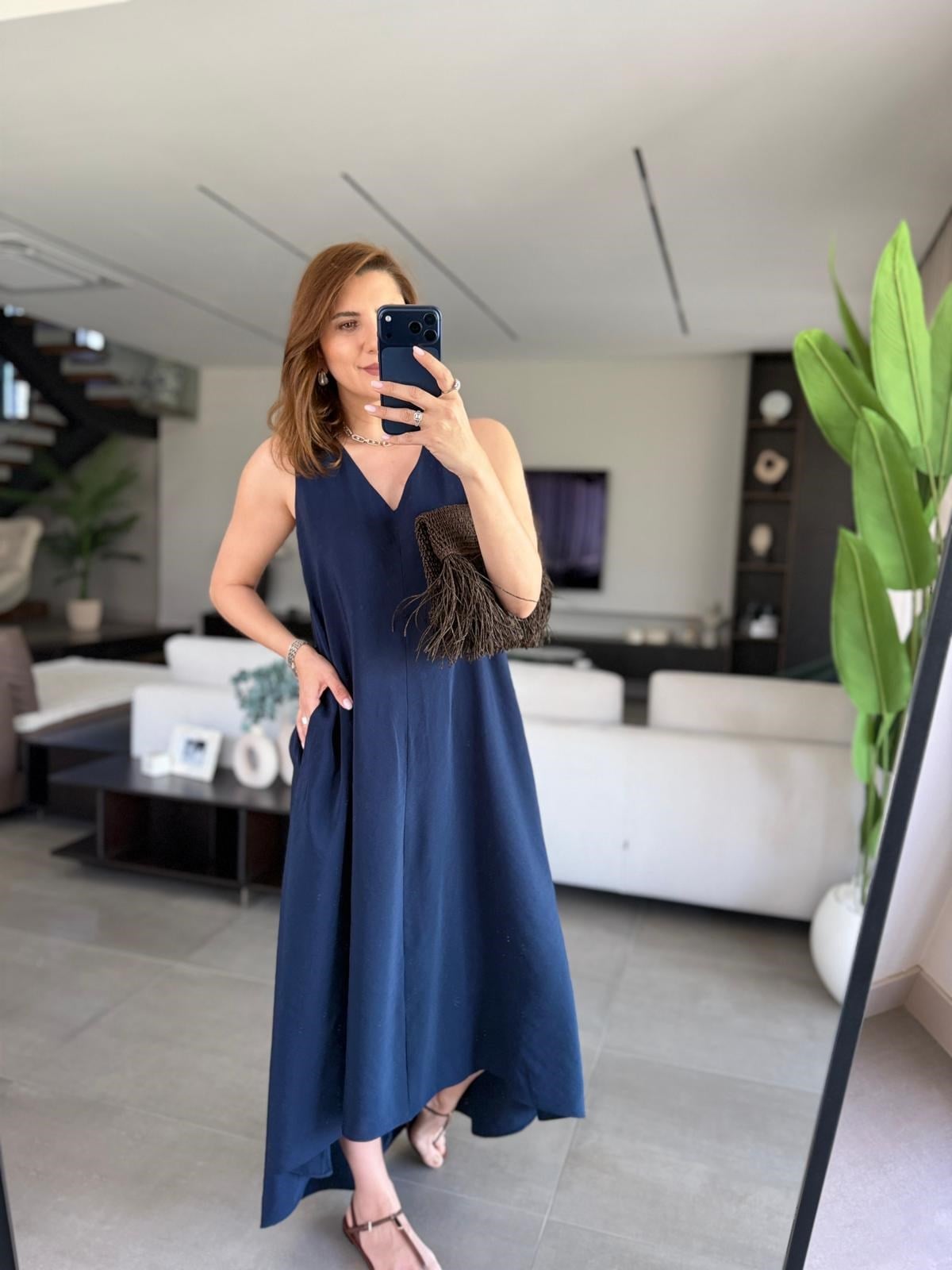 Lacivert V Yaka Kolsuz Modal Cupra Elbise