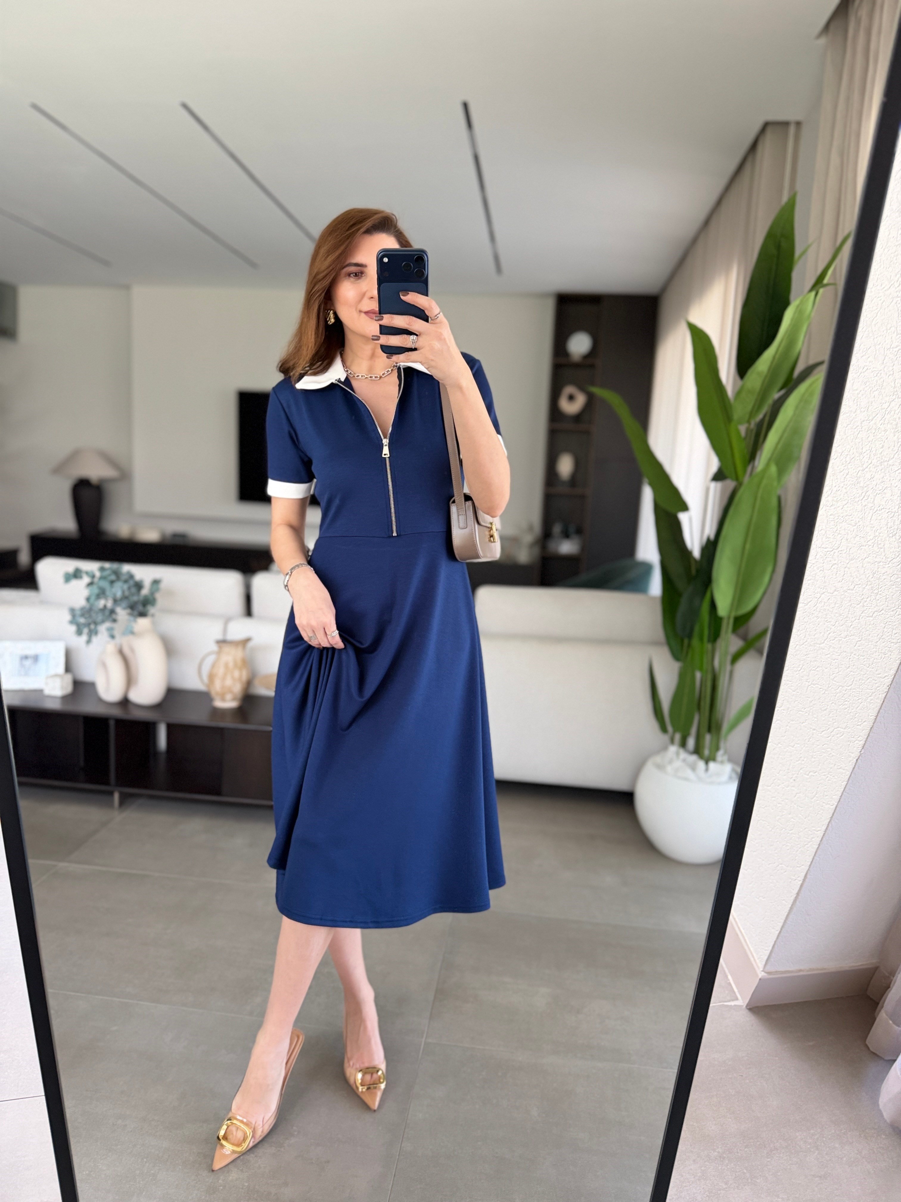Lacivert Yaka Ve Kol Garnili Yarım Fermuarlı Elbise