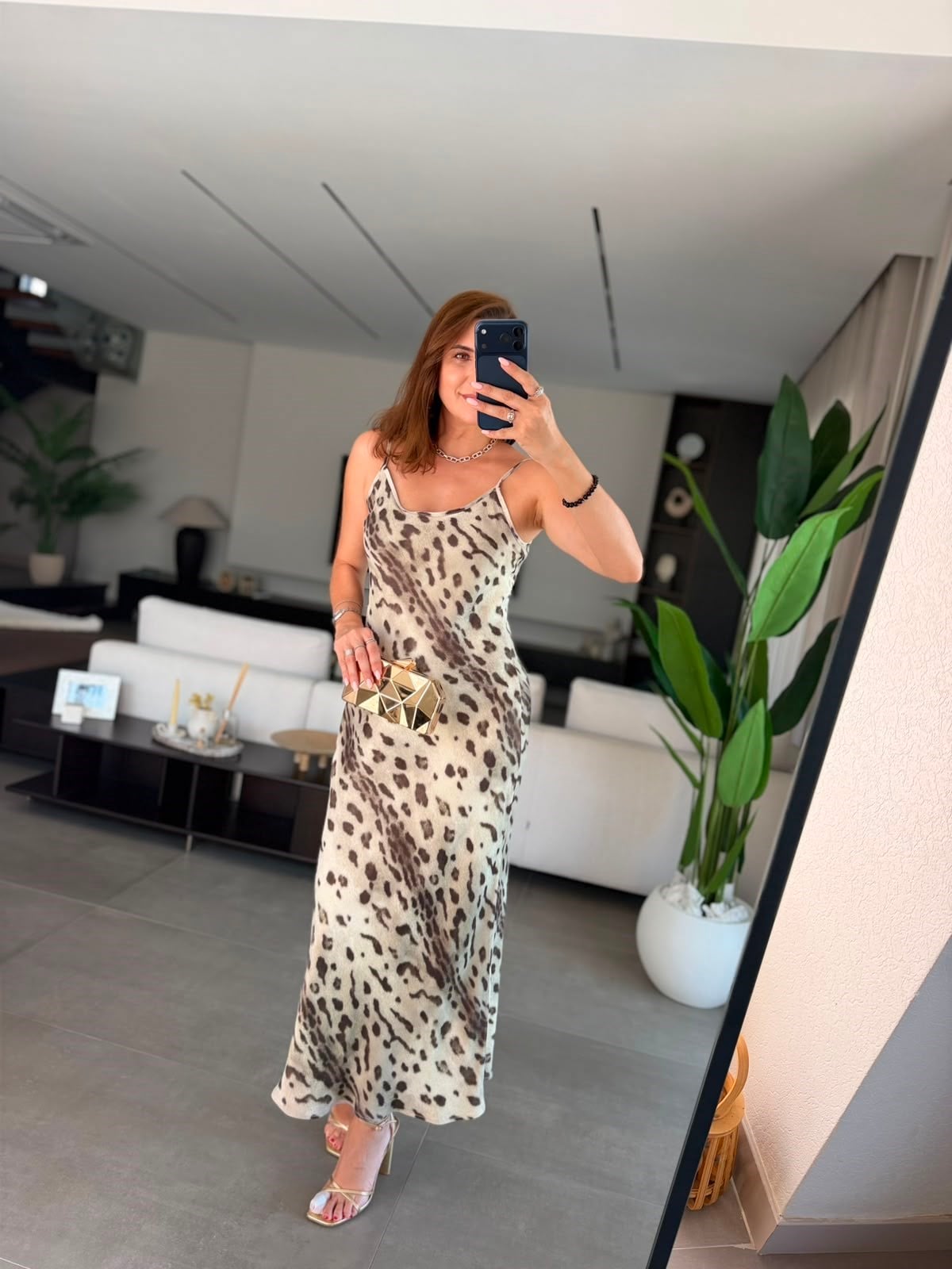 Leopar Saten Askılı Elbise