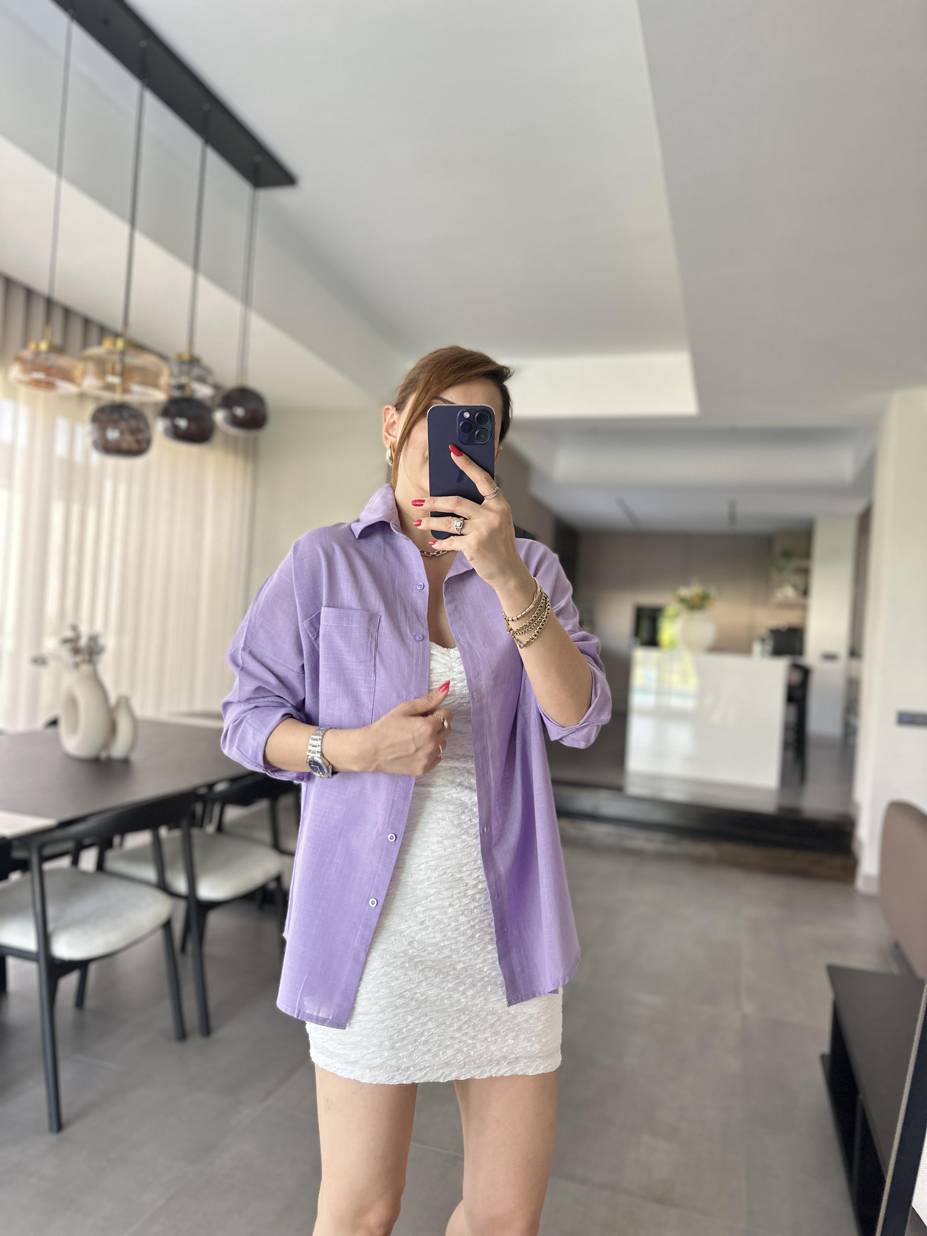 Lila Cep Detaylı Oversize Gömlek