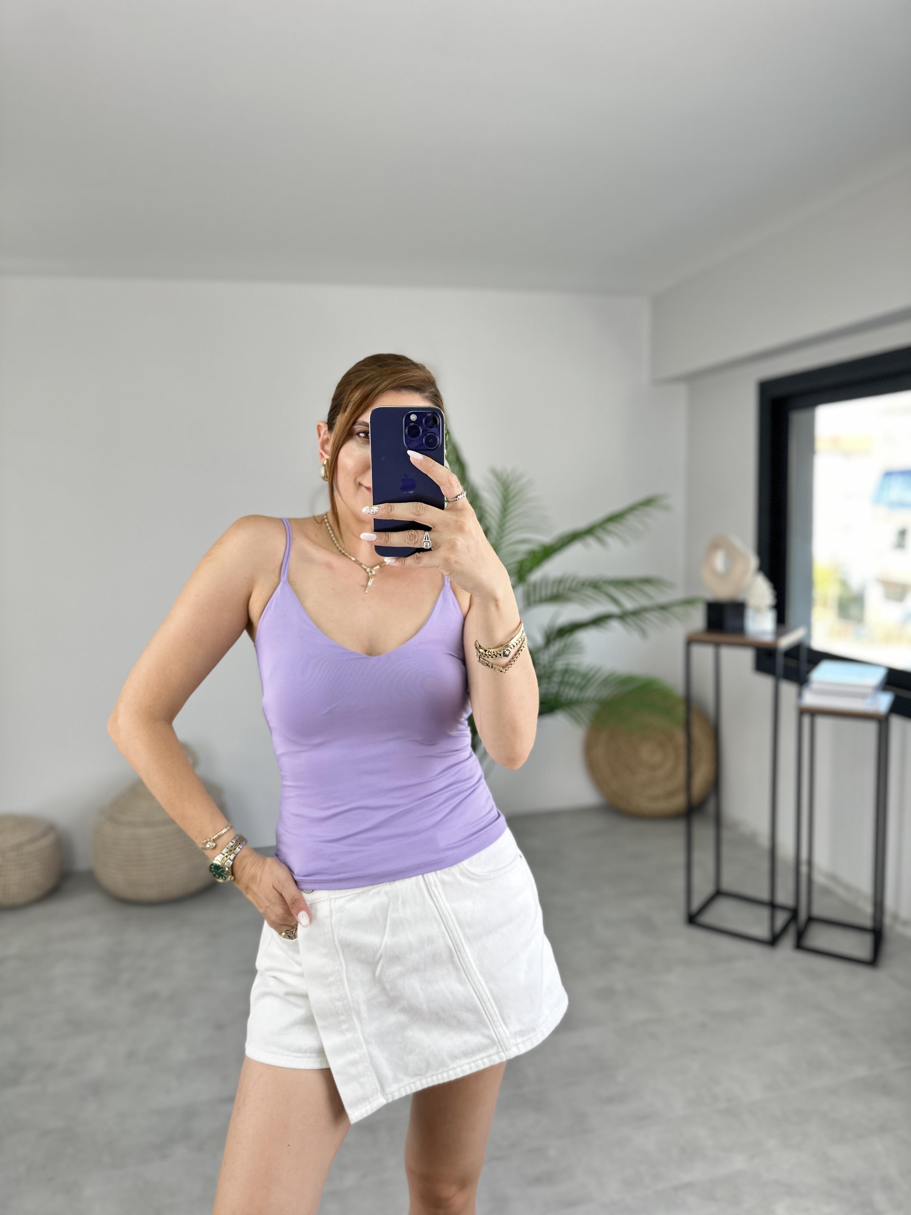 LİLA POLYEMİD V YAKA İP ASKILI ATLET